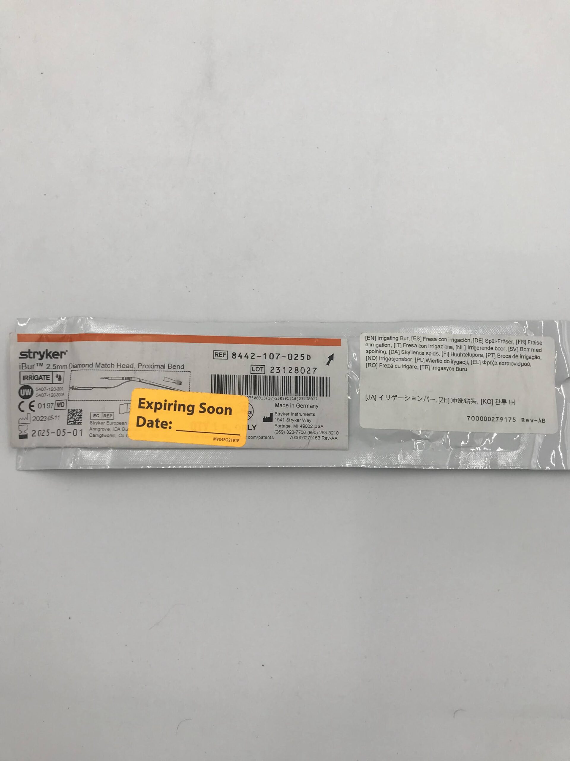 STRYKER INSTRUMENTS 8442-107-025D IBUR 2.5MM DIAMOND MATCH HEAD, PROXIMAL BEND (X)