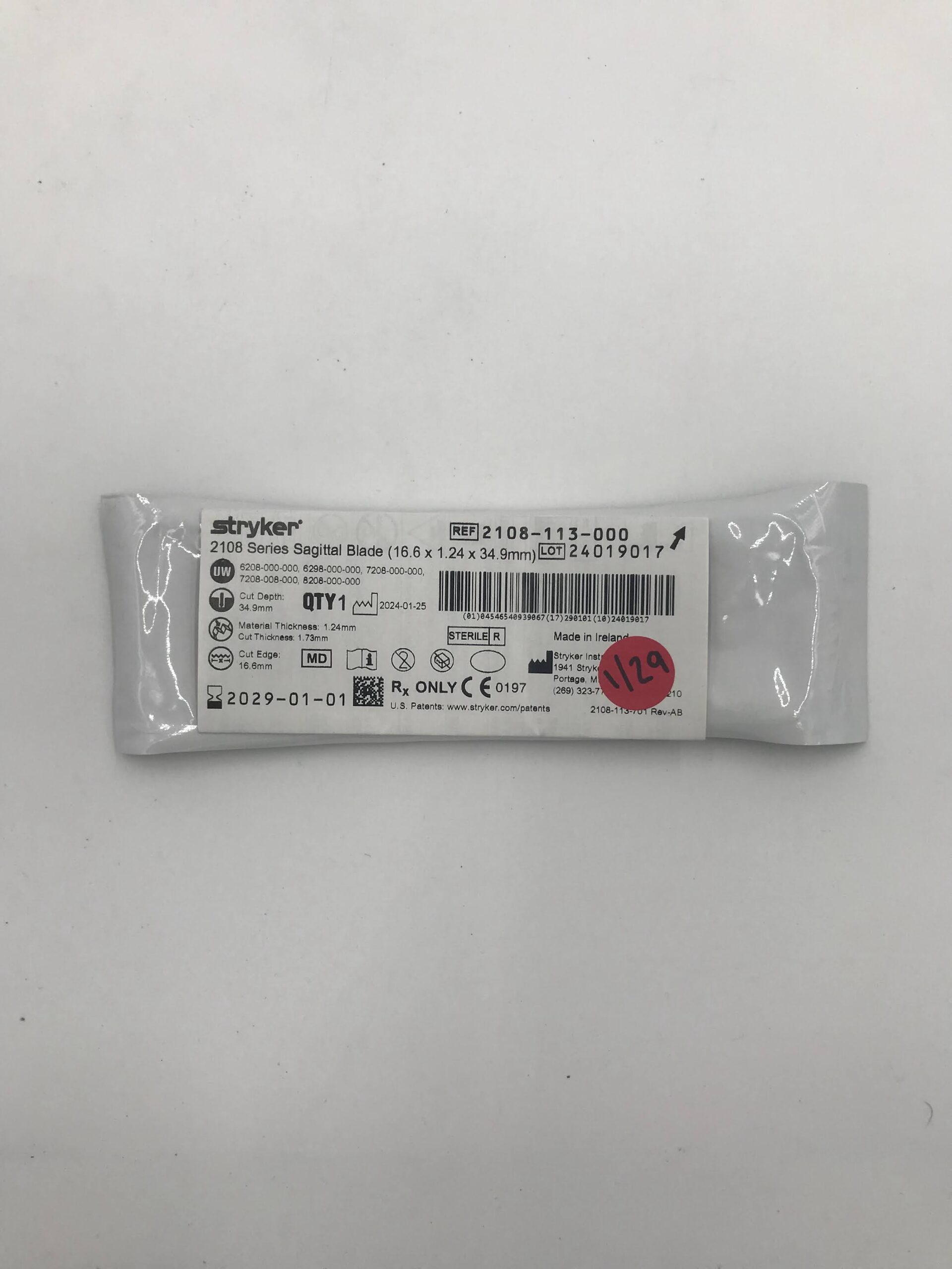 STRYKER INSTRUMENTS 2108-113-000 2108 SERIES SAGITTAL BLADE (16.6 X 1.24 X 34.9MM) (X)