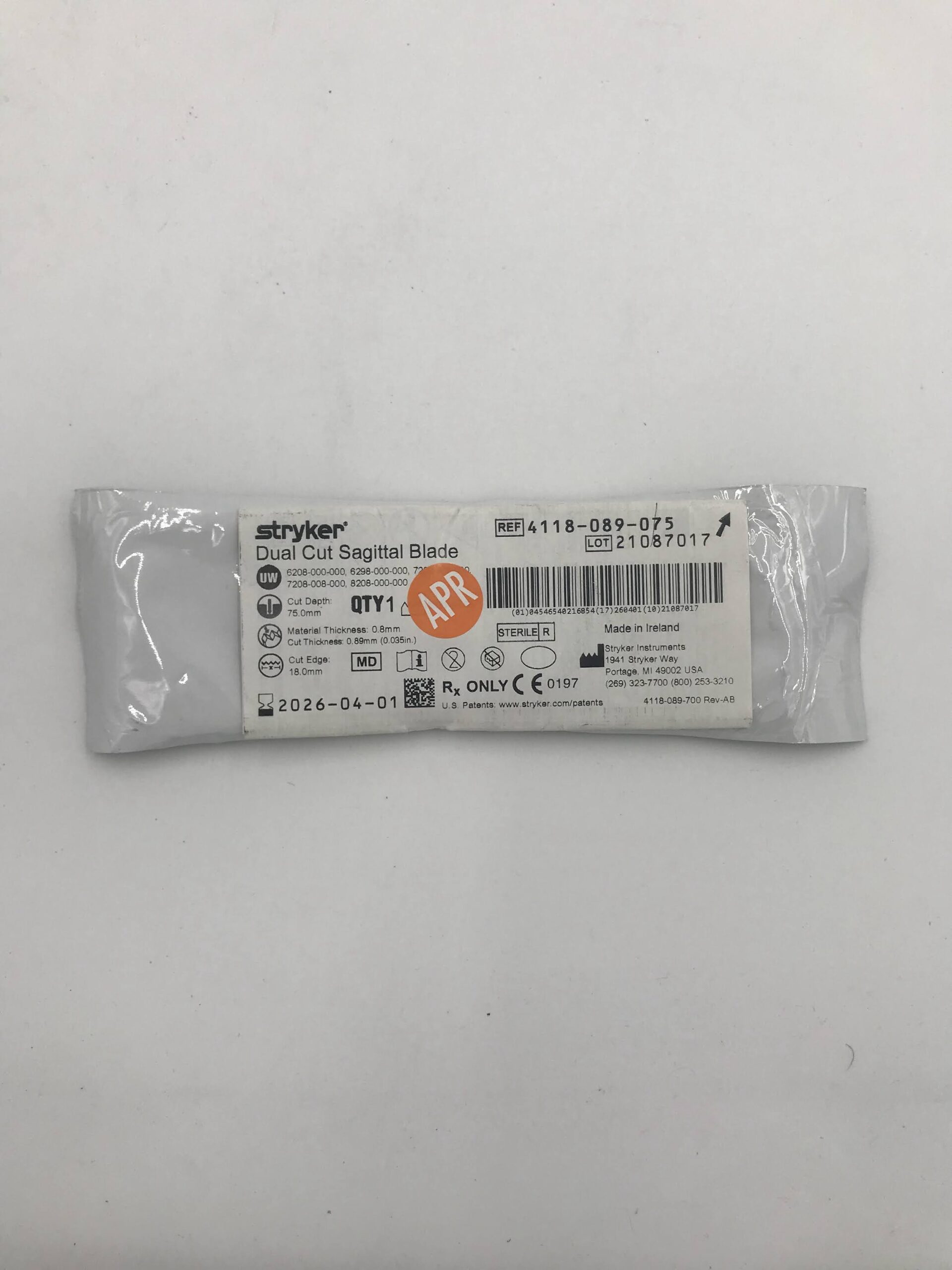 STRYKER 4118-089-075 DUAL CUT SAGITTAL BLADE (75.0MM X 0.89MM X 18.0MM) (X)