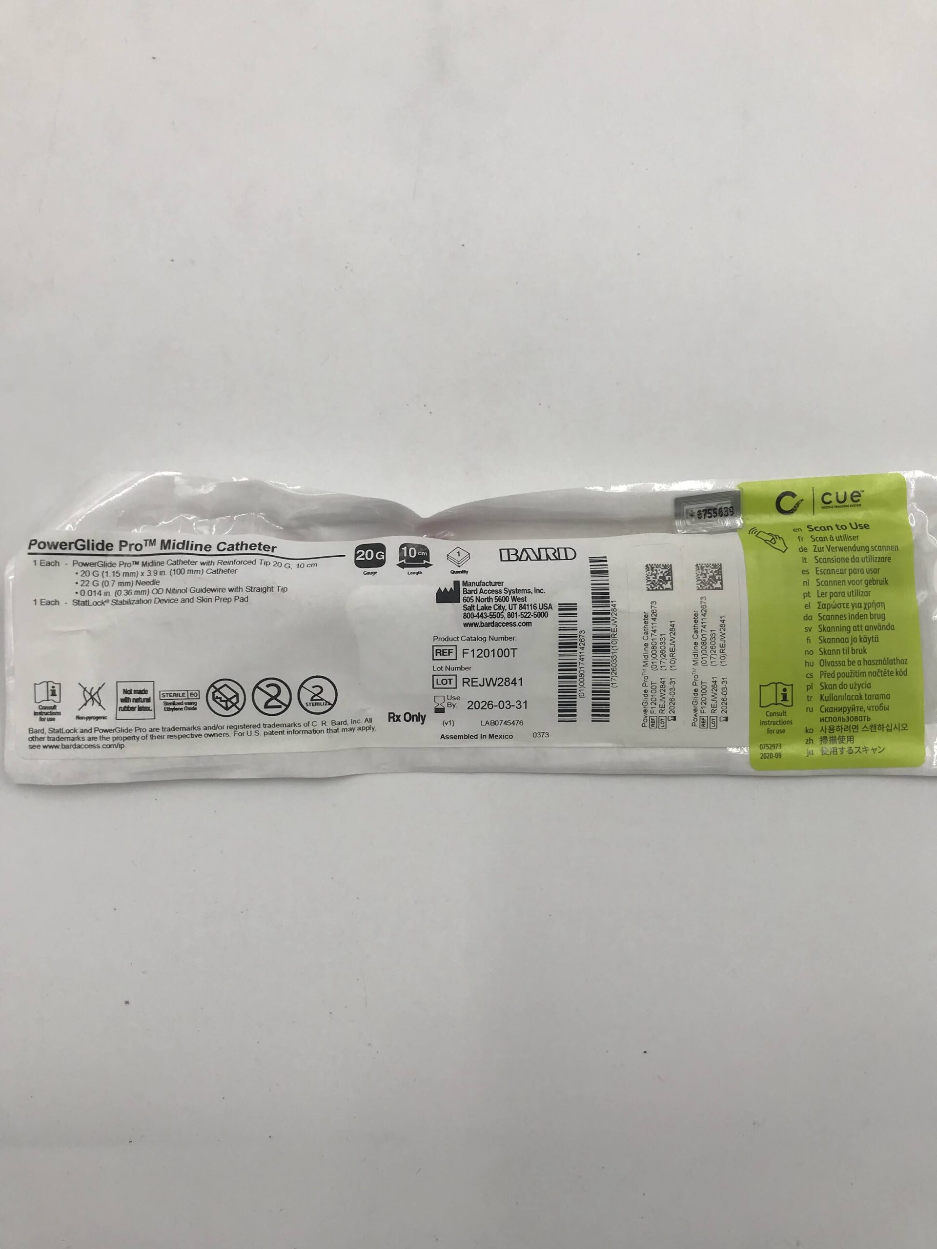 BARD F120100T POWERGLIDE PRO MIDLINE CATHETER 20G 10CM. (X)