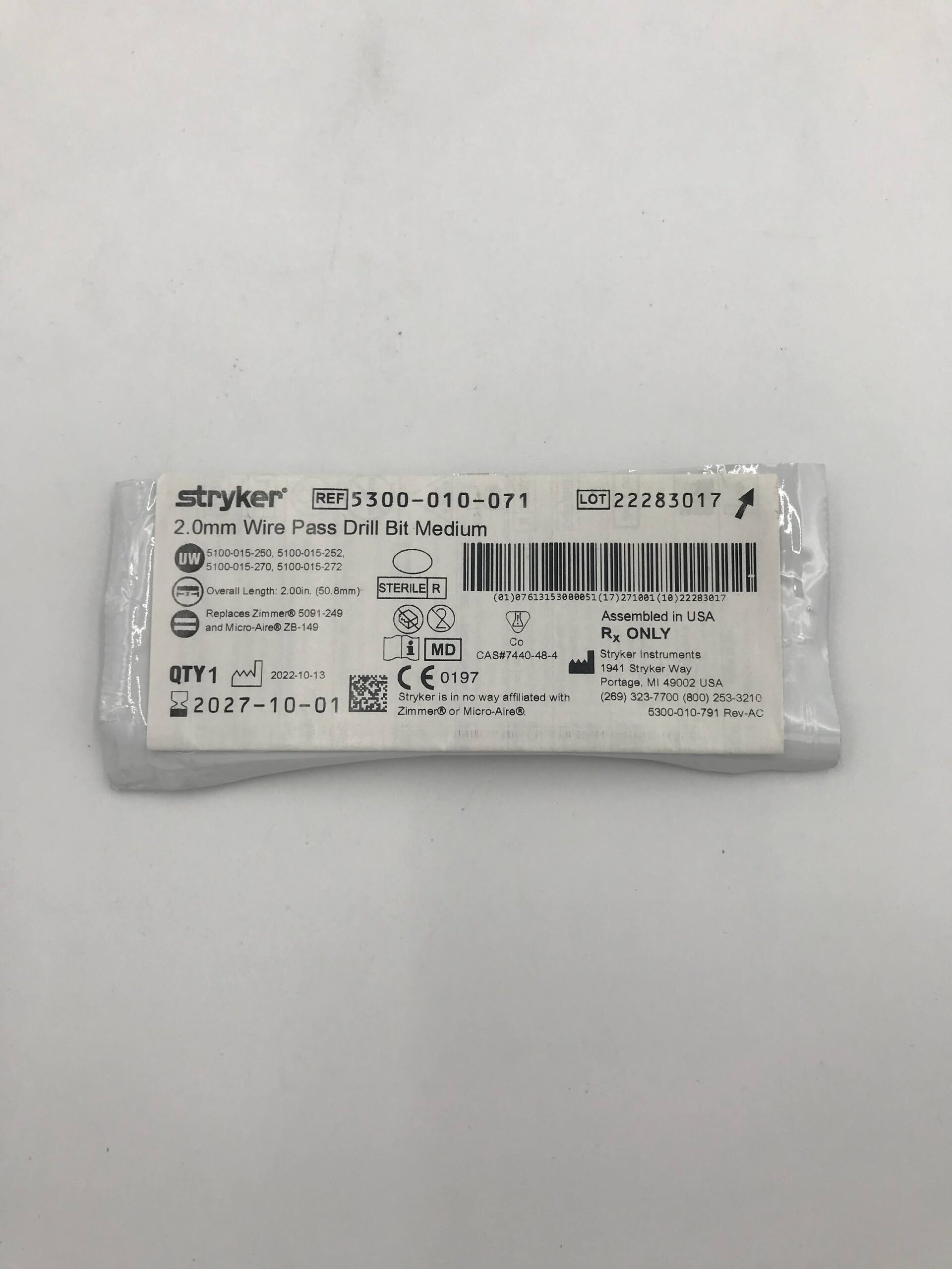 STRYKER INSTRUMENTS 5300-010-714 2.0MM WIRE PASS DRILL BIT MEDIUM (ID)