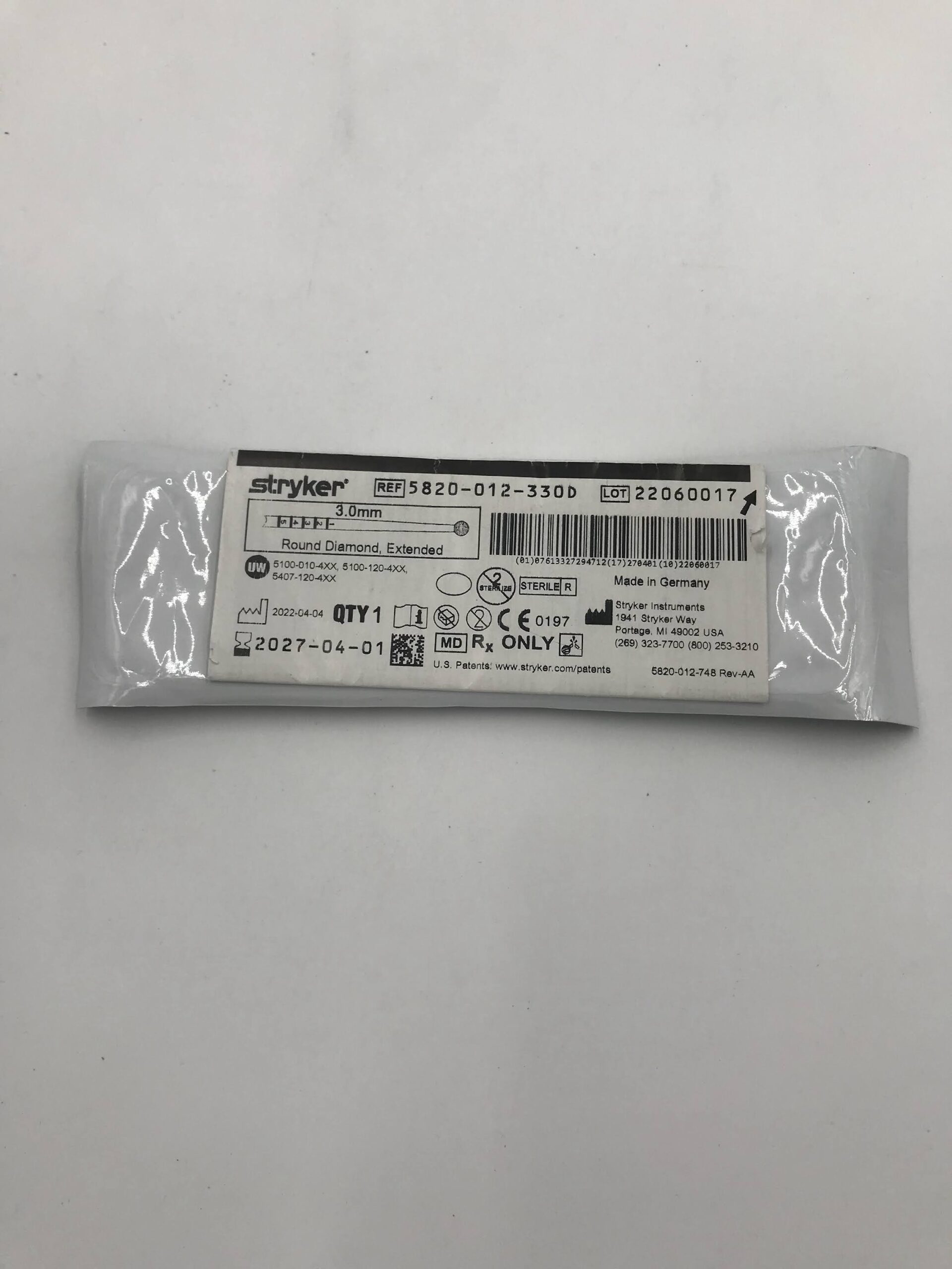 STRYKER INSTRUMENTS 5820-012-330D ROUND DIAMOND, EXTENDED 3.0MM (ID)