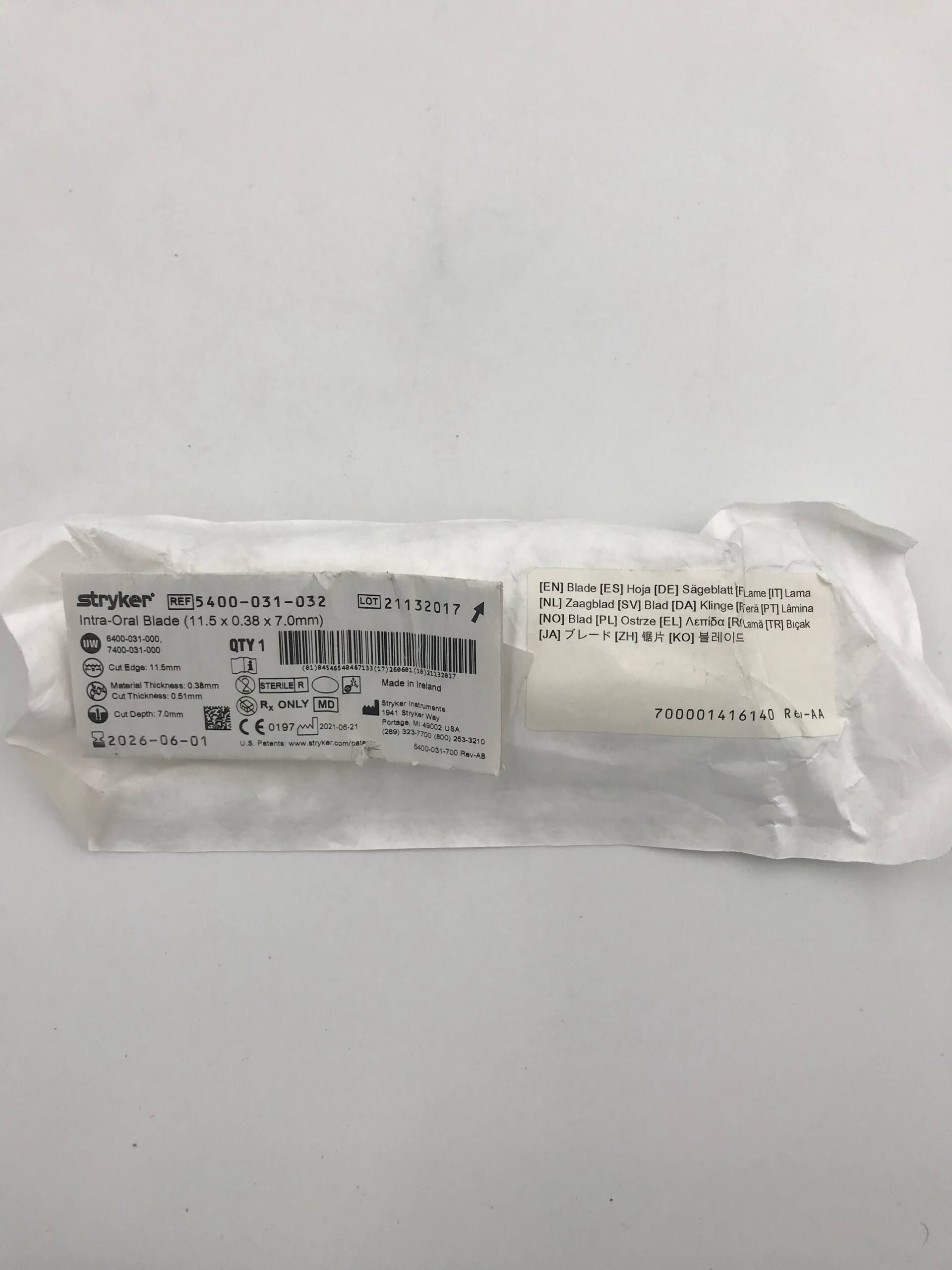 STRYKER INSTRUMENTS 5400-031-032 INTRA-ORAL BLADE (11.5 X 0.38 X 7MM) (X)