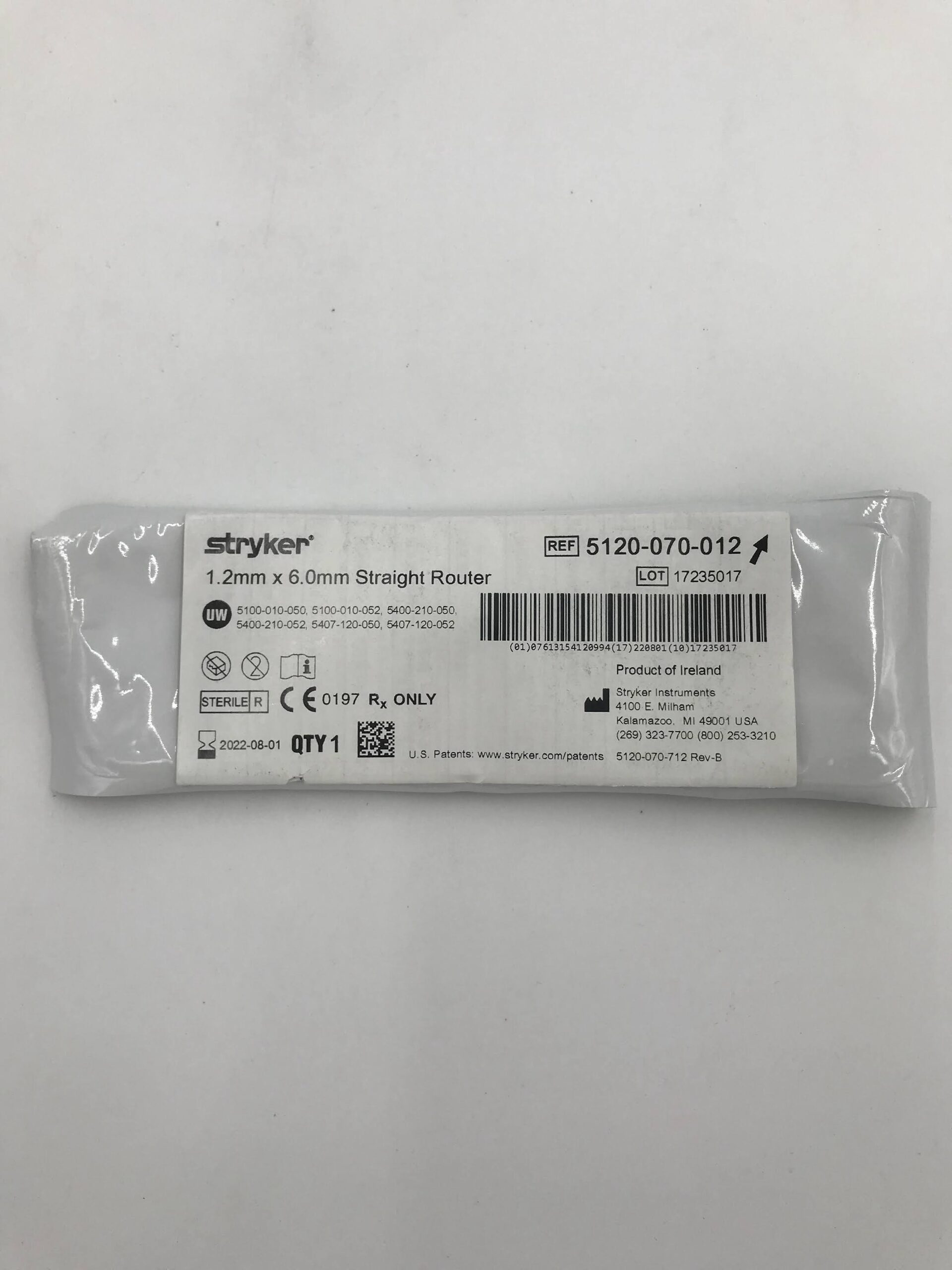 STRYKER INSTRUMENTS 5120-070-012 1.2MM X 6.0MM STRAIGHT ROUTER MEDIUM (X)