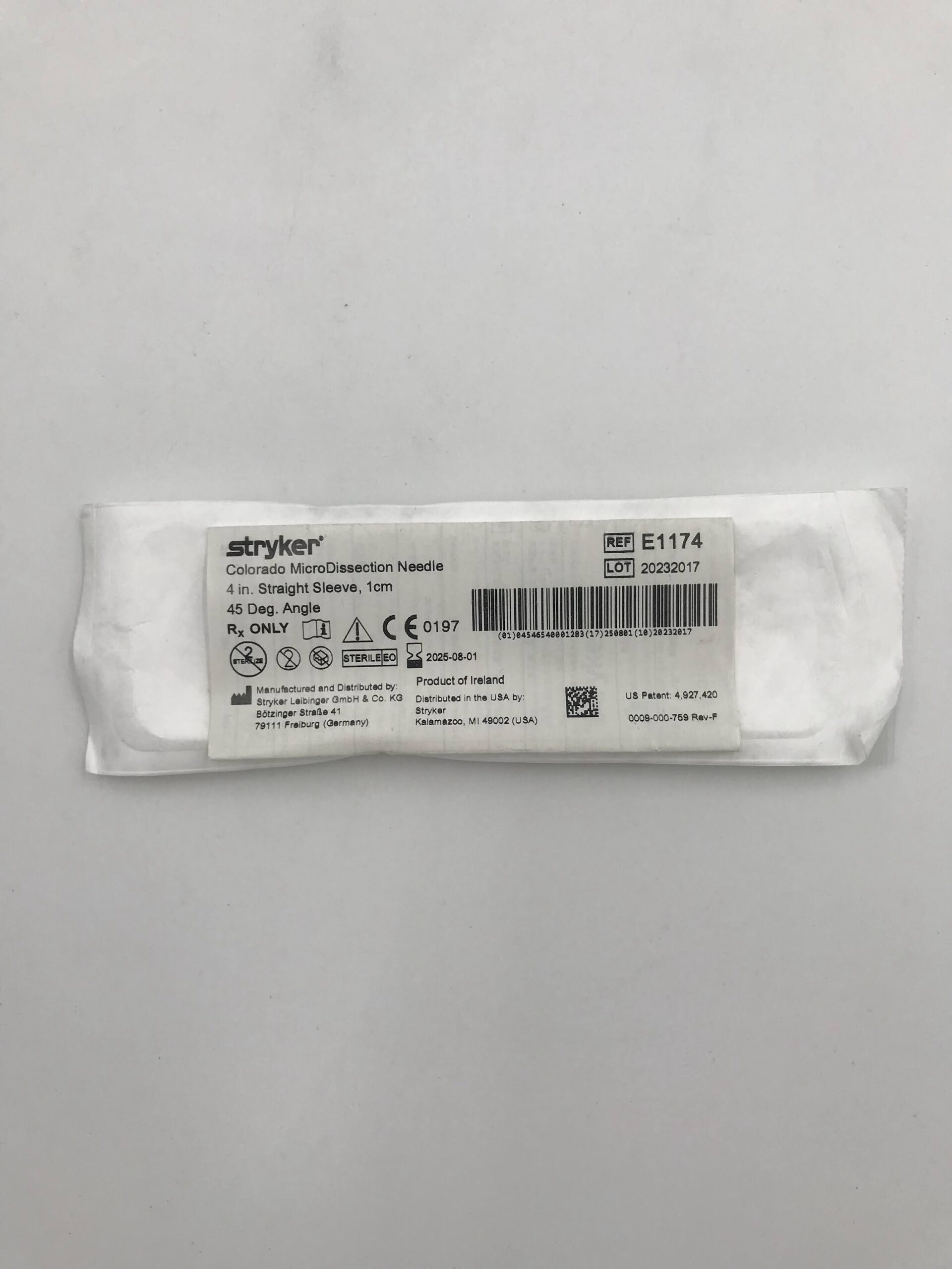 STRYKER INSTRUMENTS E1174 COLORADO MICRODISSECTION NEEDLE 4 IN. SLEEVE WITH 1CM 45 DEG. ANGLE (X)