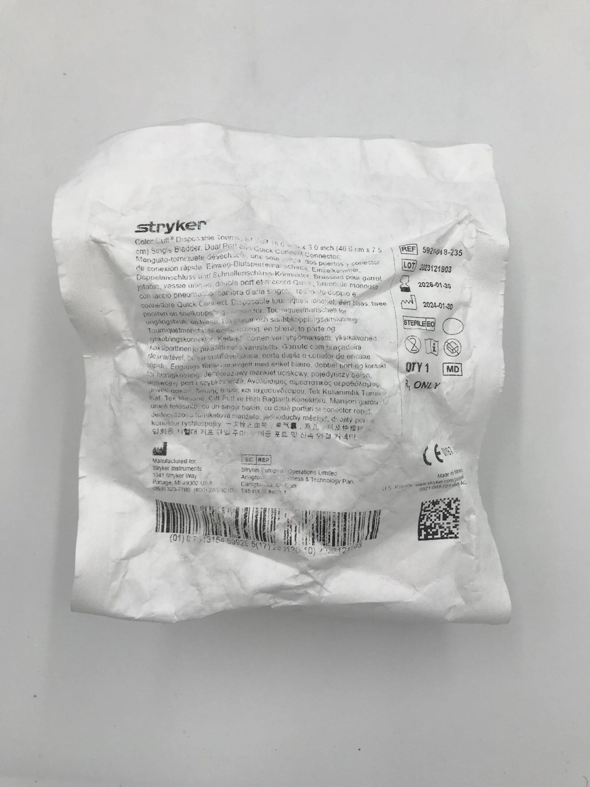 STRYKER 5921-018-235 COLOR CUFF (RED) 18IN SINGLE PORT SINGLE BLADDER QUICK CONNECT (X)
