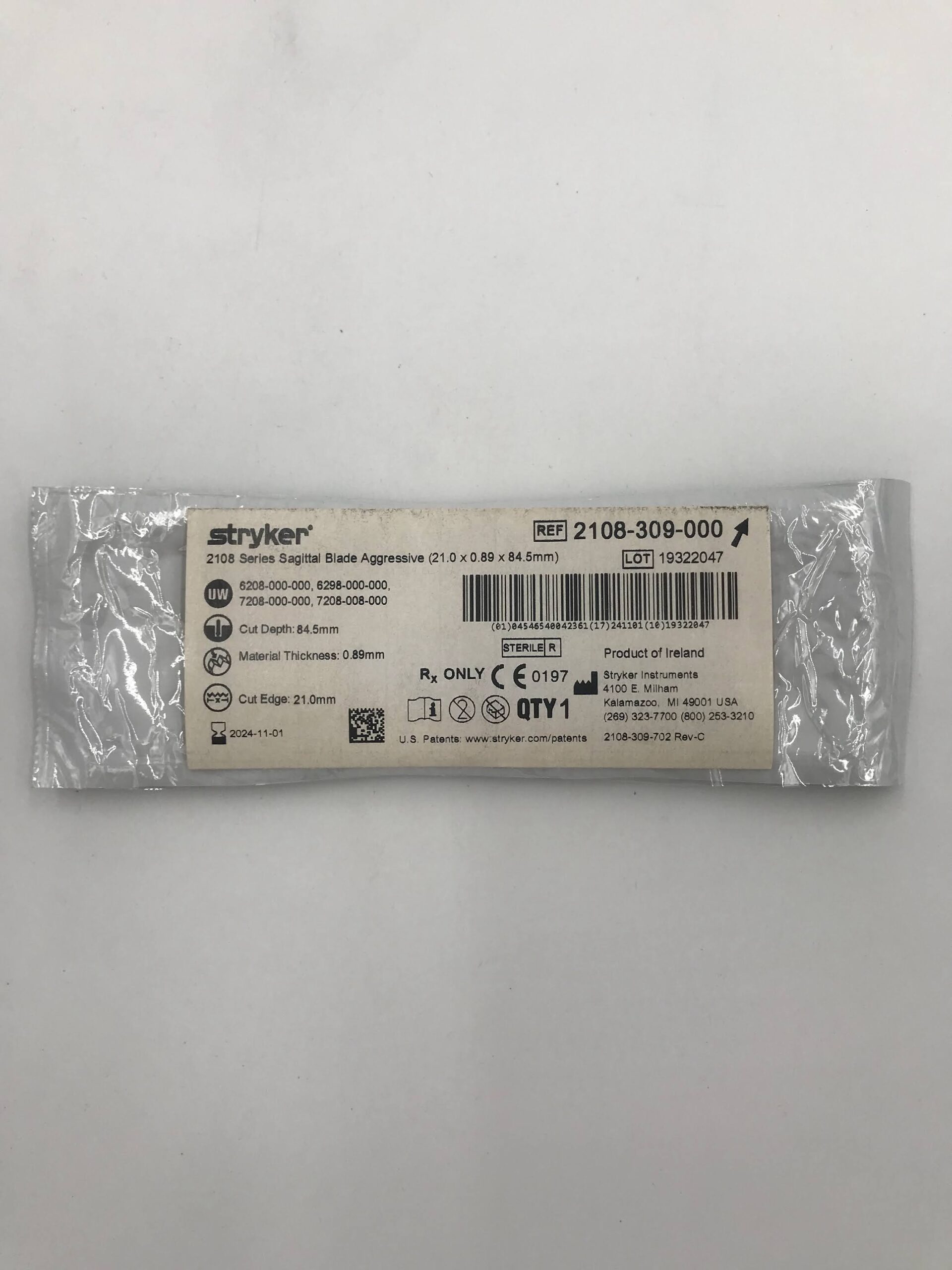 STRYKER INSTRUMENTS 2108-309-000 2108 SERIES SAGITTAL BLADE AGGRESSIVE (21.0 X 0.89 X 84.5MM) (X)