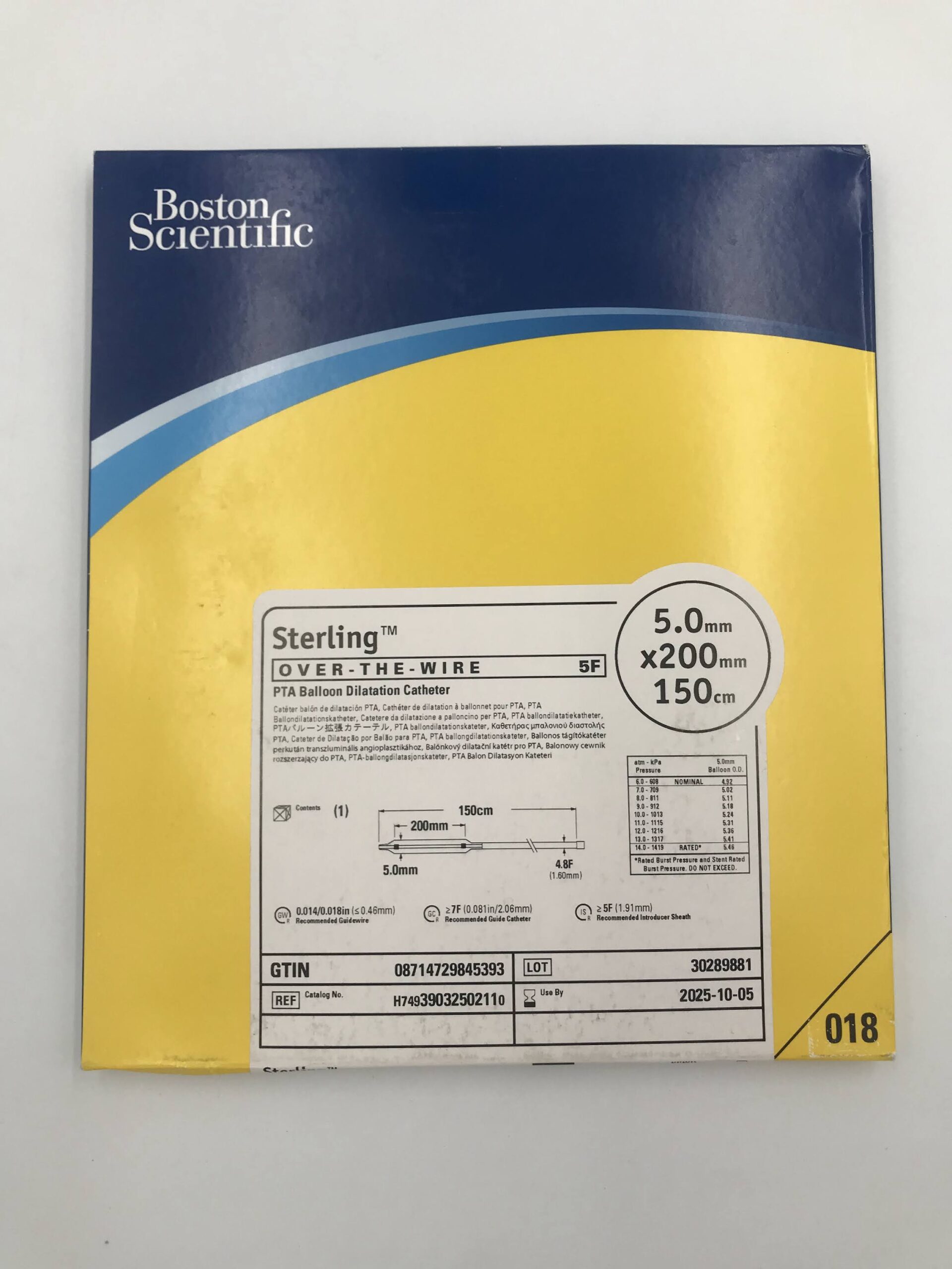 BOSTON SCIENTIFIC 3903250211 STERLING OVER-THE-WIRE 4F PTA BALLOON DILATATION CATHETER 5.0MM x 200MM x 150CM (X)