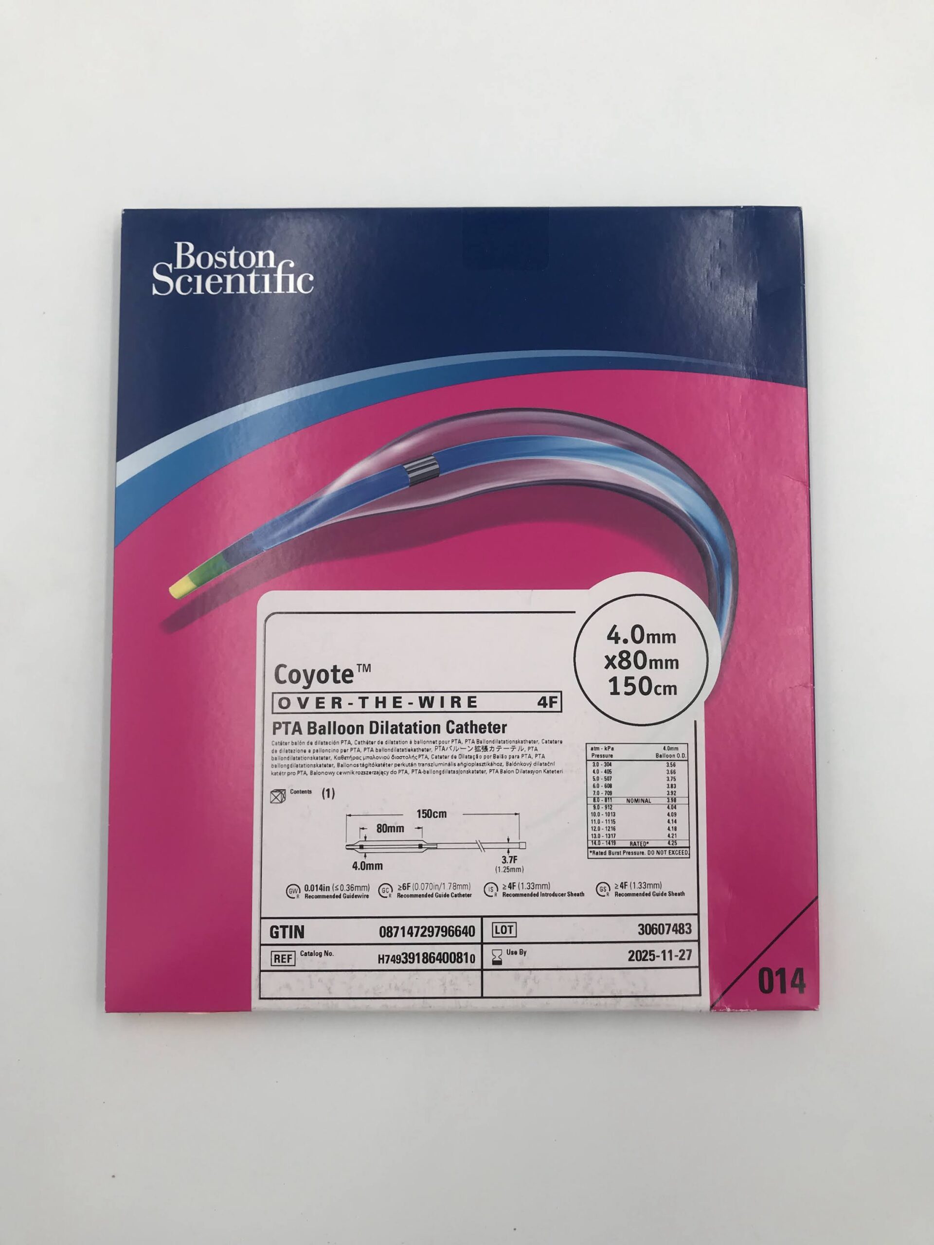 BOSTON SCIENTIFIC 3918640081 COYOTE MONORAIL 4F PTA BALLOON DILATATION CATHETER 4.0MM x 80MM 150CM (X)