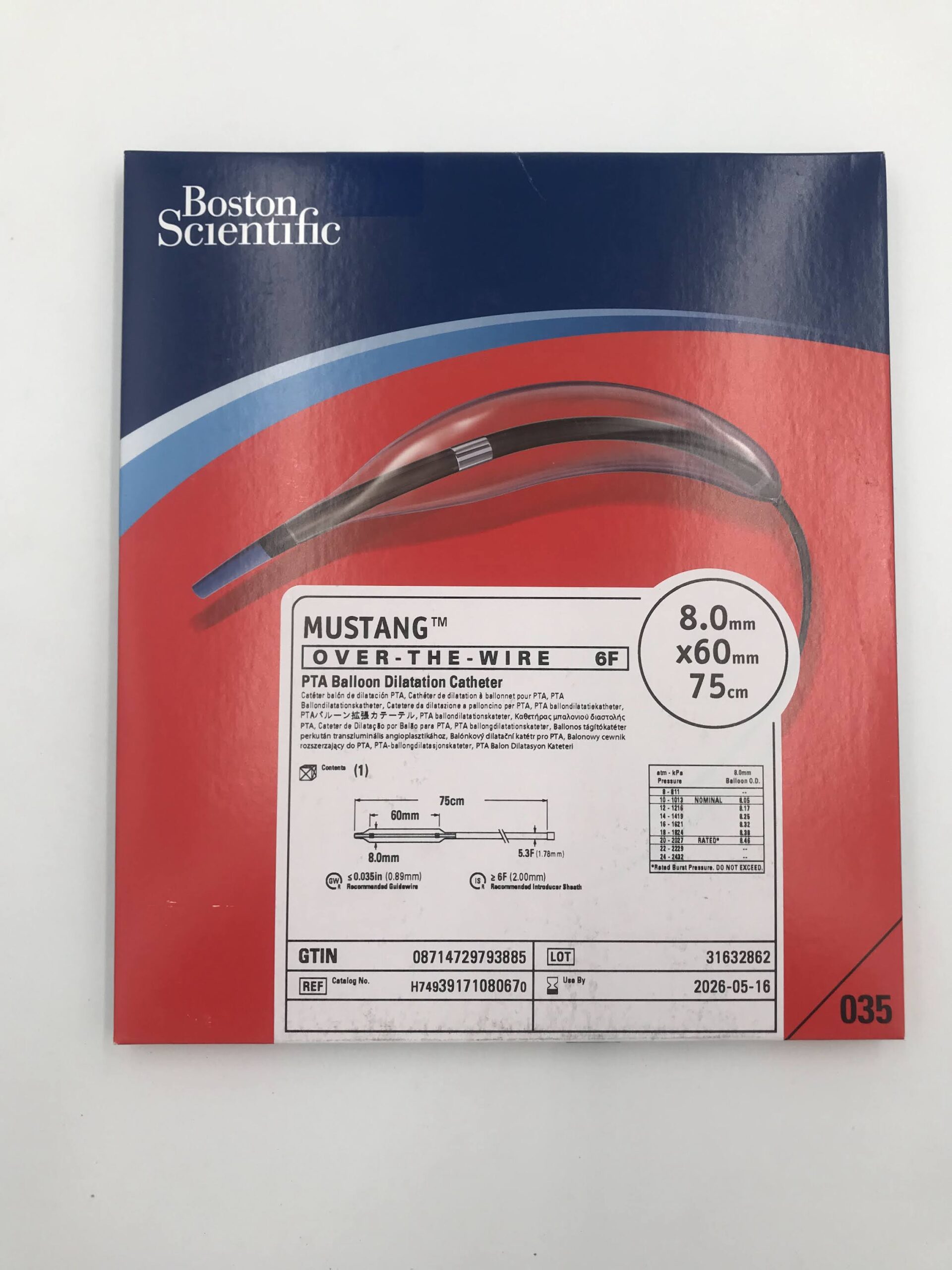 BOSTON SCIENTIFIC 3917108067 MUSTANG OVER-THE-WIRE 6F PTA BALLOON DILATATION CATHETER 8.0MM x 60MM x 75CM (X)