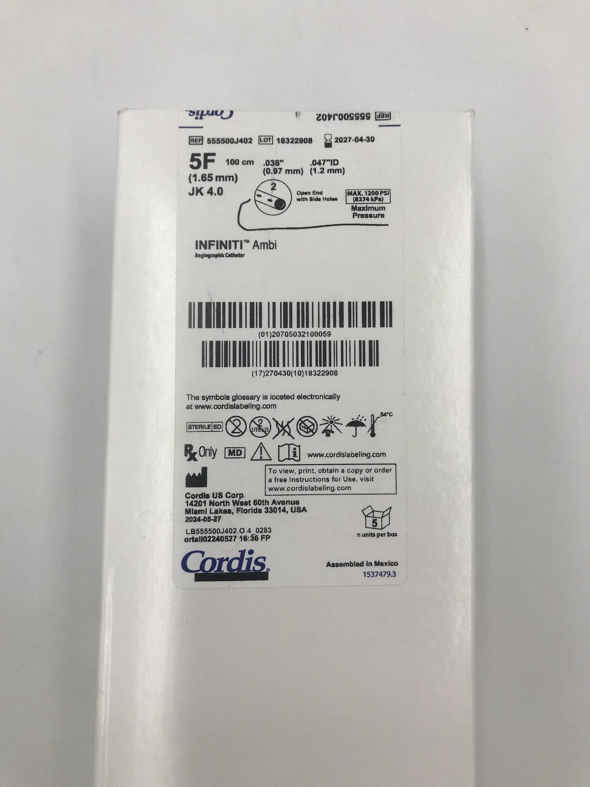 CORDIS 555500J402 INFINITI AMBI 5F JK 4.0 ANGIOGRAPHIC CATHETER (5/BX)(ID)
