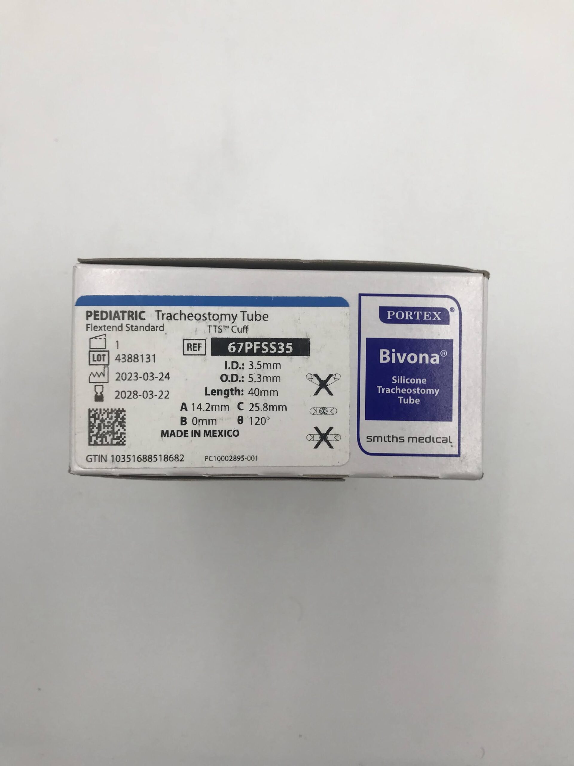 SMITHS MEDICAL 67PFSS35 PEDIATRIC TRACHEOSTOMY TUBE FLEXTEND STANDARD TTS CUFF ID. 3.5MM, O.D. 5.3MM LENGTH 40MM (ID)