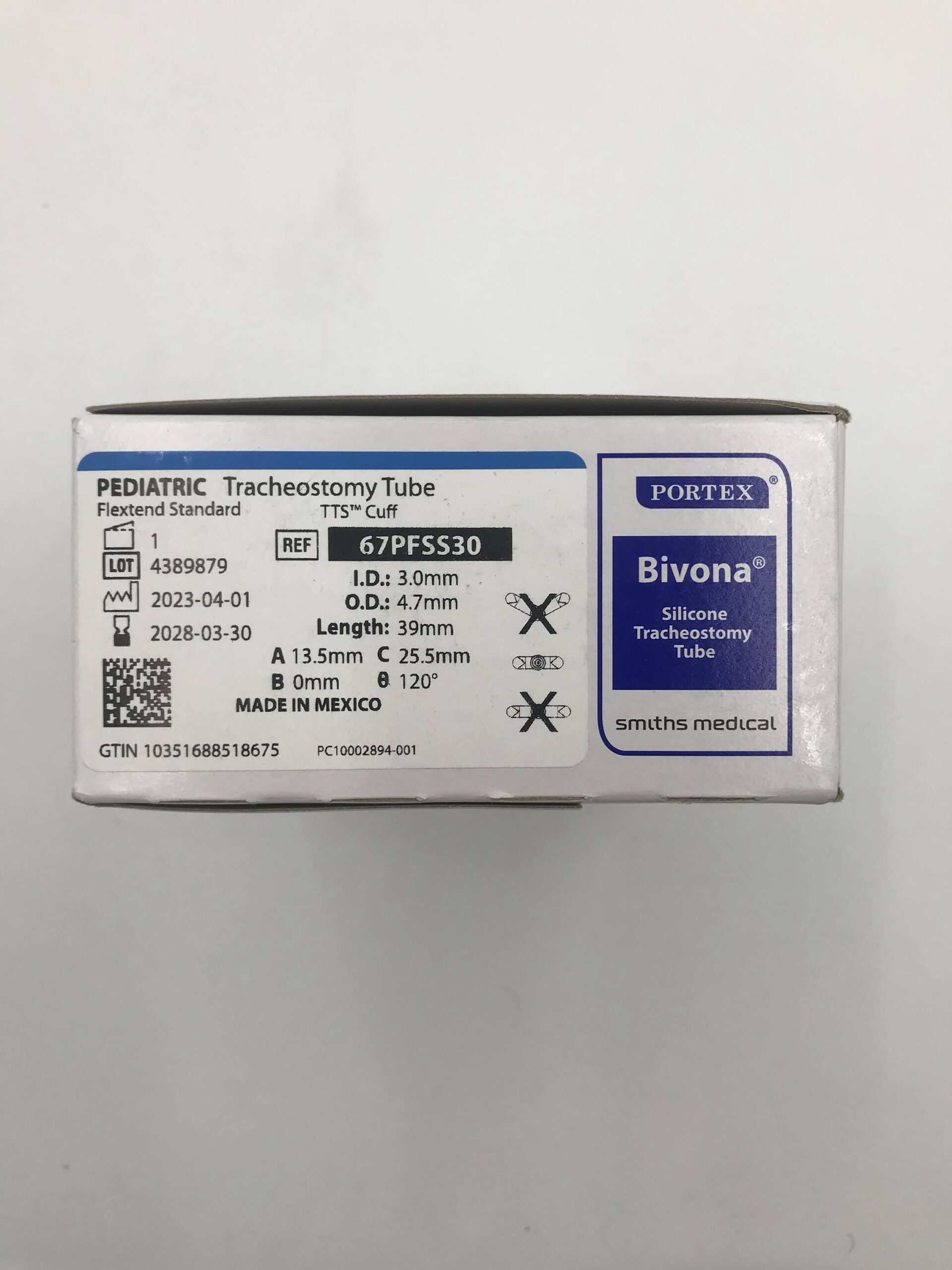 SMITHS MEDICAL 67PFSS30 PEDIATRIC TRACHEOSTOMY TUBE FLEXTEND STANDARD TTS CUFF ID. 3.0MM, O.D. 4.7MM LENGTH 39MM (ID)