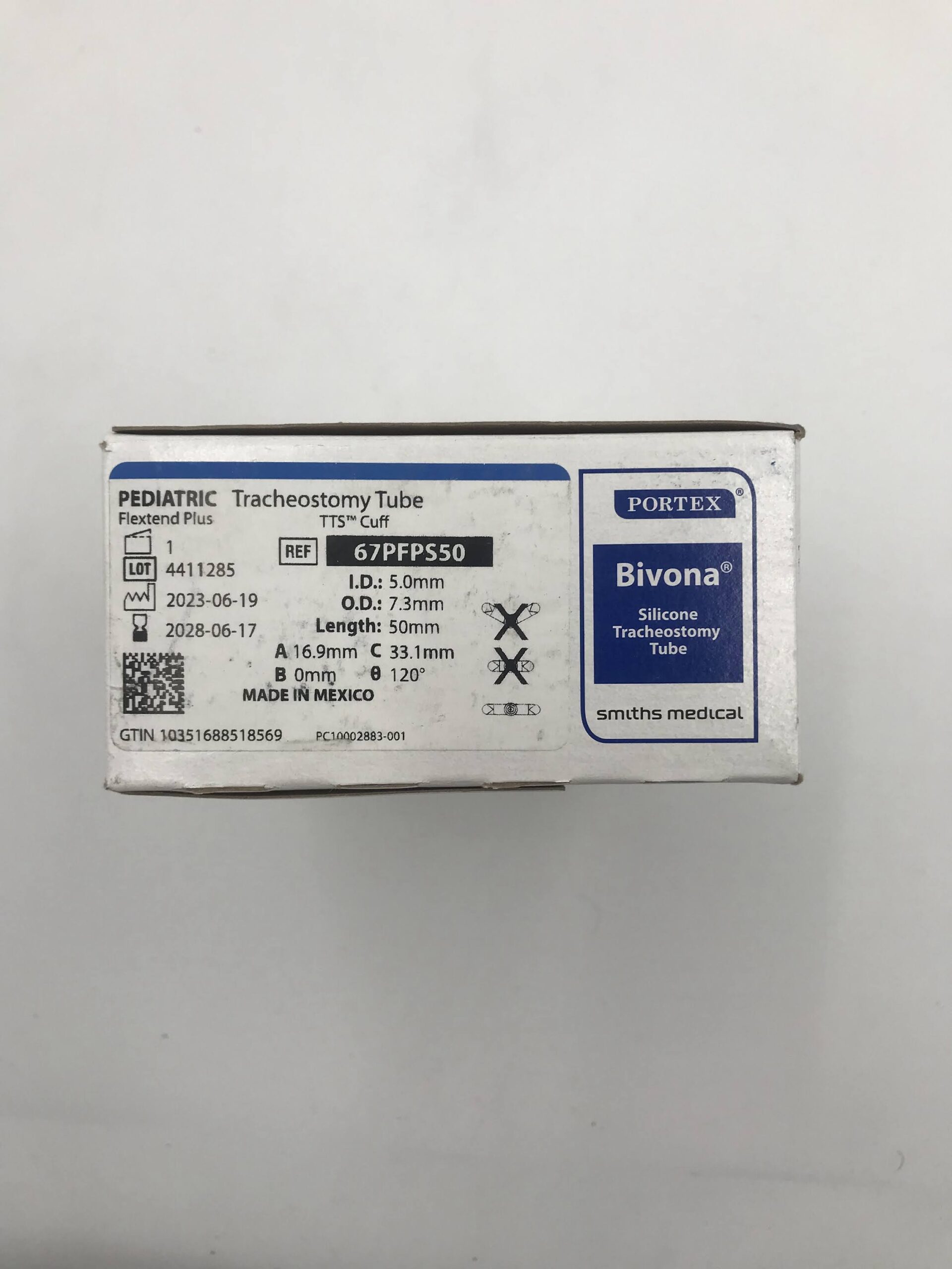 SMITHS MEDICAL 67PFPS50 PEDIATRIC TRACHEOSTOMY TUBE FLEXTEND STANDARD TTS CUFF ID. 5.0MM, O.D. 7.3MM LENGTH 50MM (ID)