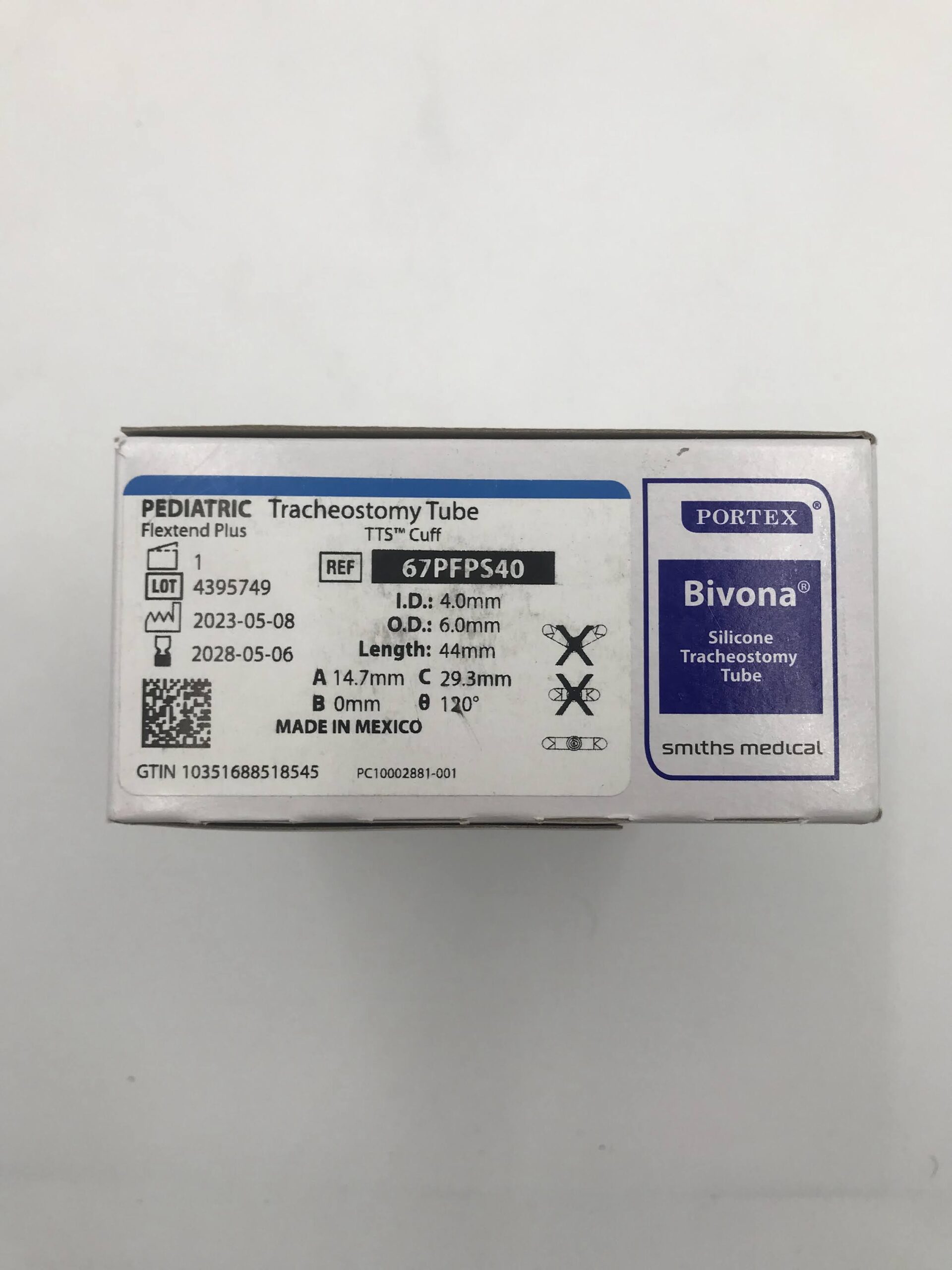 SMITHS MEDICAL 67PFPS40 PEDIATRIC TRACHEOSTOMY TUBE FLEXTEND STANDARD TTS CUFF ID. 4.0MM, O.D. 6.0MM LENGTH 44MM (ID)