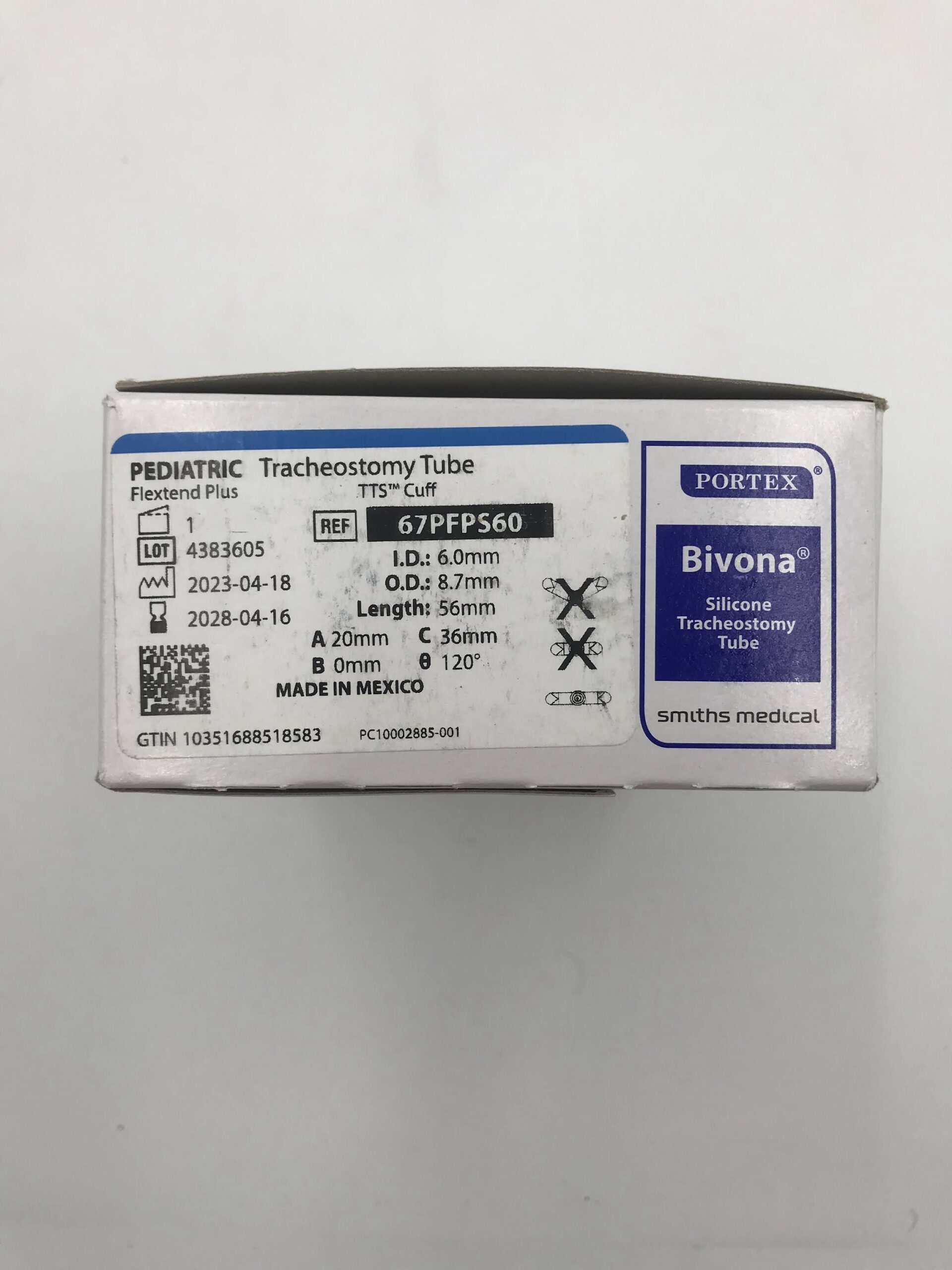 SMITHS MEDICAL 67PFPS60 PEDIATRIC TRACHEOSTOMY TUBE FLEXTEND STANDARD TTS CUFF ID. 6.0MM, O.D. 8.7MM LENGTH 56MM (ID)