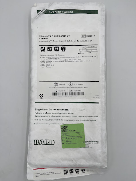 BARD 0600570 Hickman 7F Dual-Lumen CV Catheter w/ SureCuff Tissue Ingrowth Cuff, 34cm Tip-to-Cuff Length (ID)