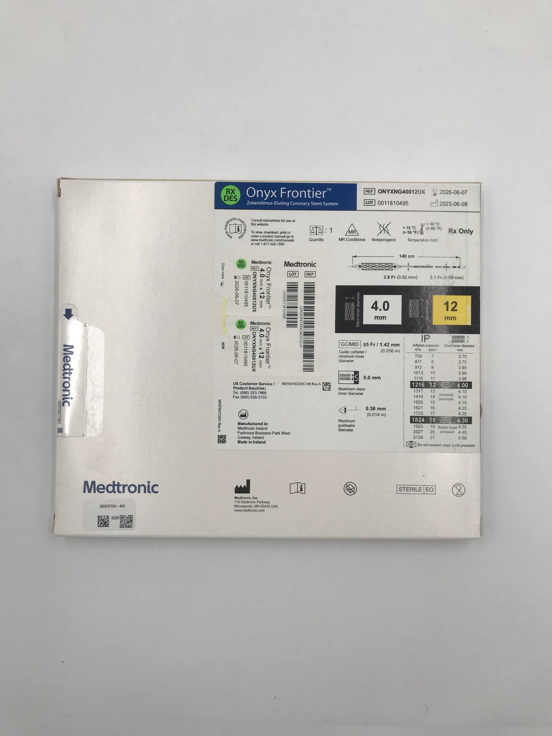 MEDTRONIC ONYXNG40012UX ONYX FRONTIER ZOTAROLIMUS-ELUTING CORONARY STENT SYSTEM STENT I.D. 4.0MM x STENT LENGTH 12MM (X)