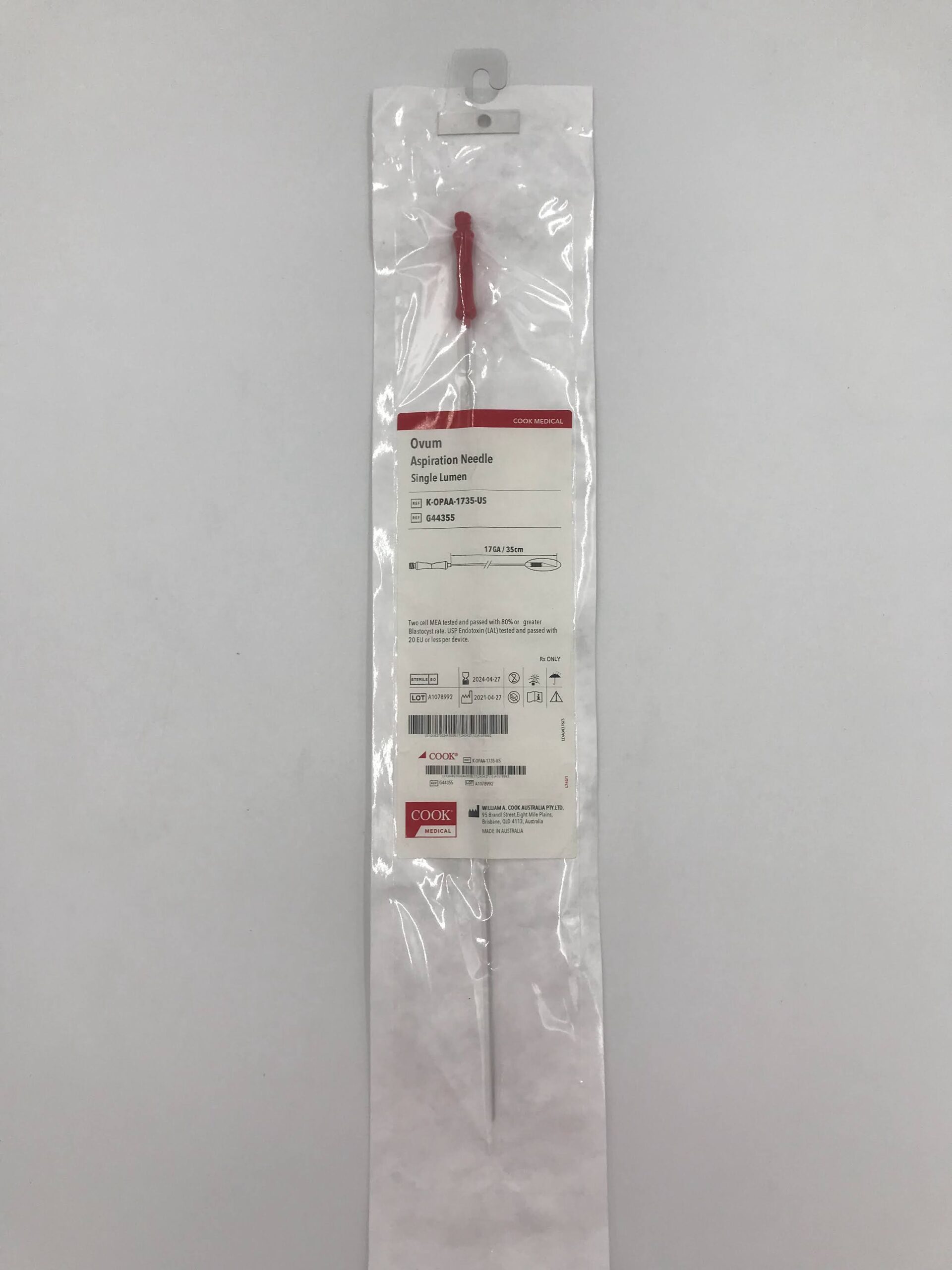 COOK G44355 OVUM ASPIRATION NEEDLE SINGLE LUMEN 17GA / 35CM