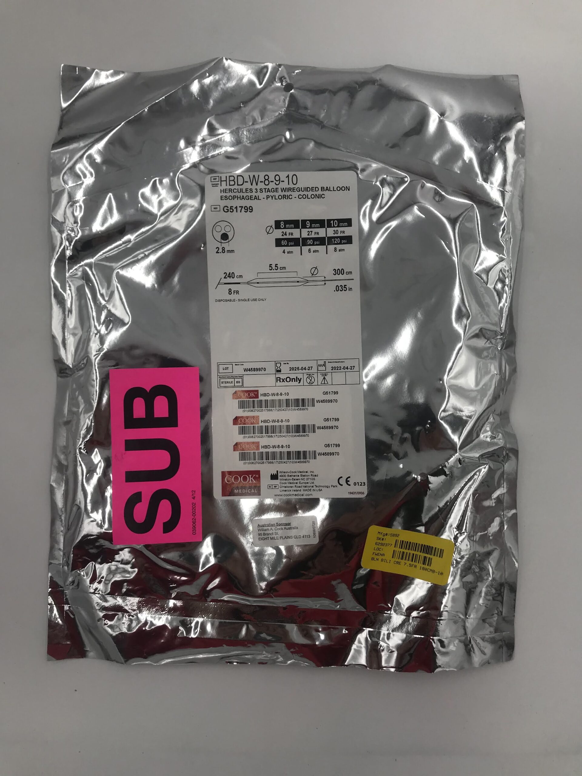 COOK G51799 HBD-W-8-9-10 HERCULES 3 STAGE WIRE GUIDED BALLOON ESOPHAGEAL-PYLORIC-COLONIC  2.8MM 8FR/ 240CM / 5.5CM (X)