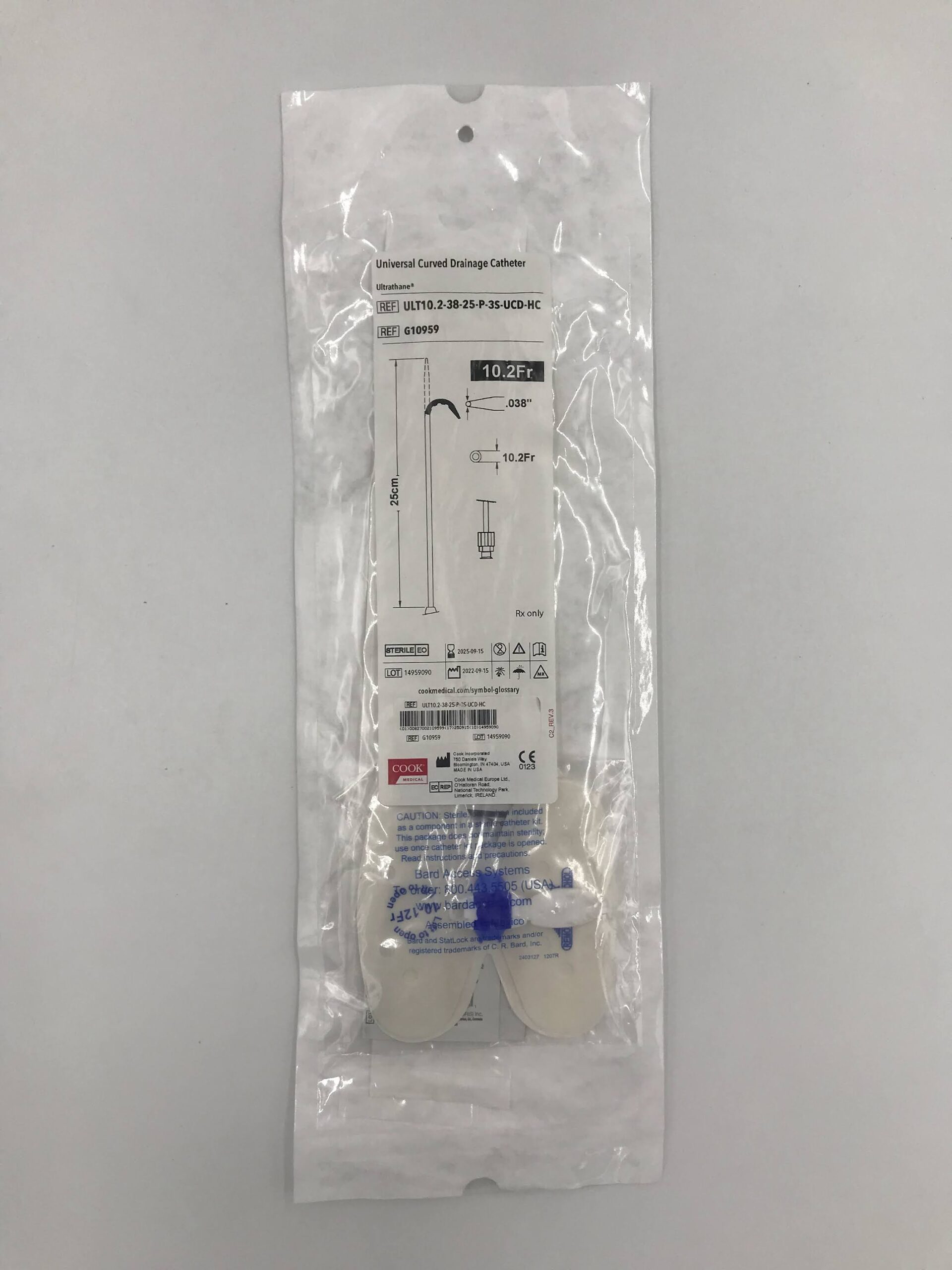 COOK G10959 UNIVERSAL CURVED DRAINAGE CATHETER ULTRATHANE 10.2FR X 25CM X .038" (X)
