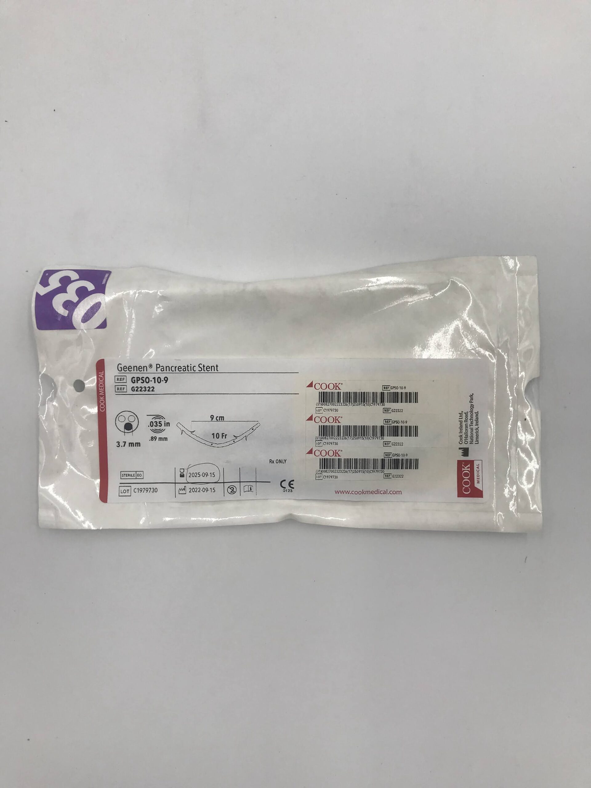 COOK G22322 GEENEN PANCREATIC STENT 3.7MM/ 0.035" DIAM. / 9CM 10FR.