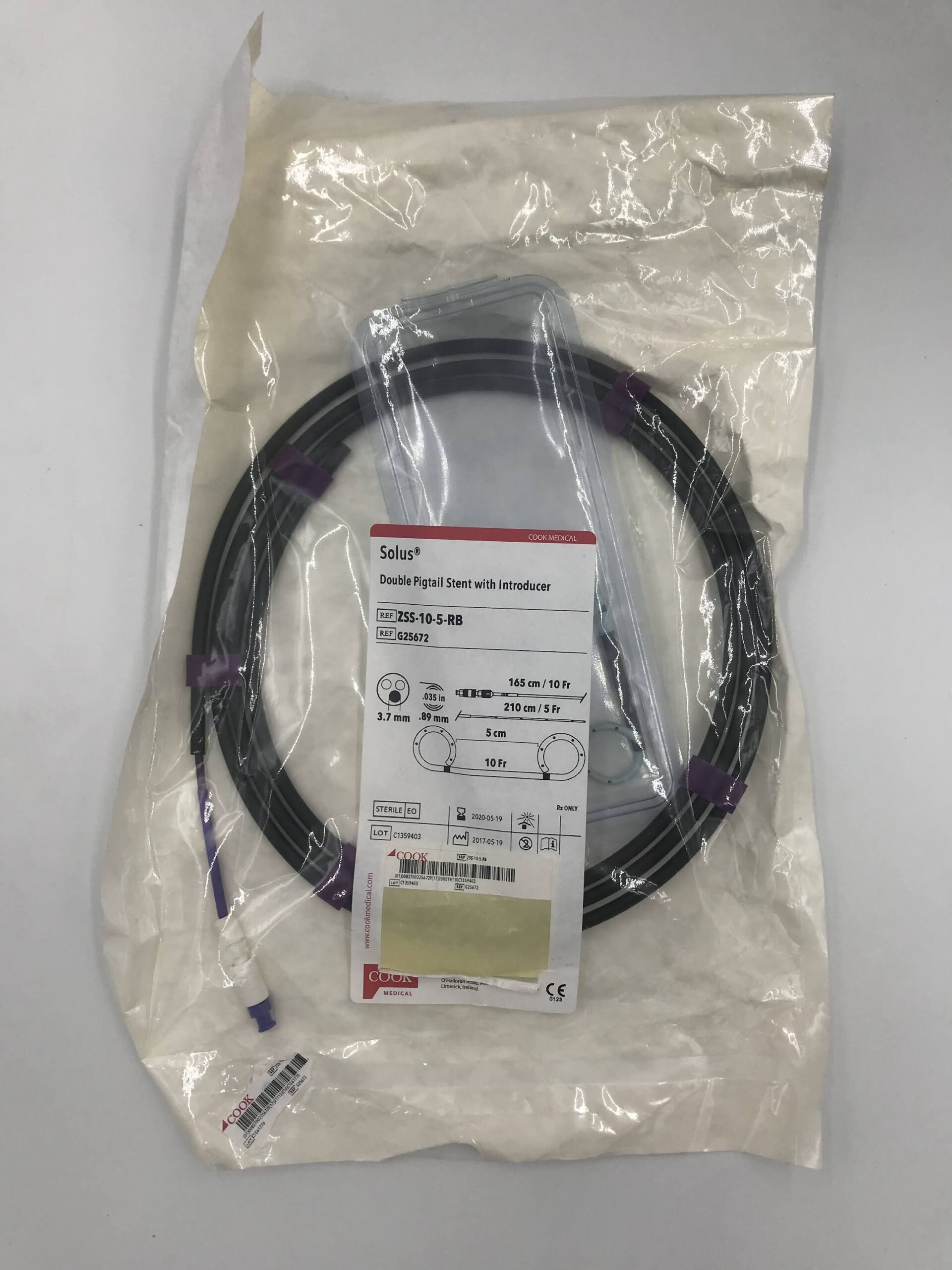 COOK G25672 SOLUS DOUBLE PIGTAIL STENT W/INTRODUCER 3.7 CM 0.035" 165CM / 10FR; 5CM / 10FR