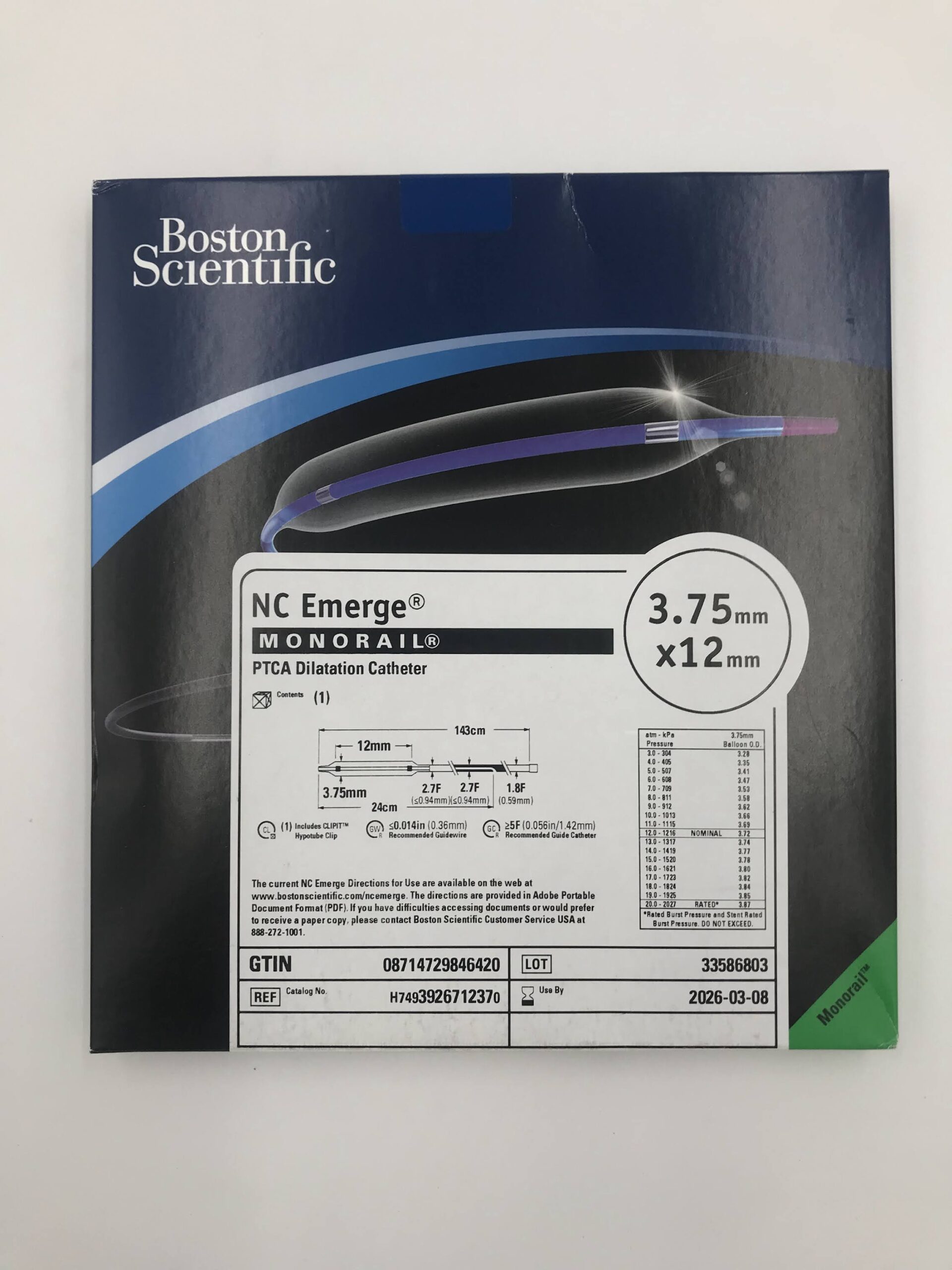 BOSTON SCIENTIFIC 392671237 NC EMERGE MONORAIL PTCA DILATATION CATHETER 3.75MM X 12MM (X)
