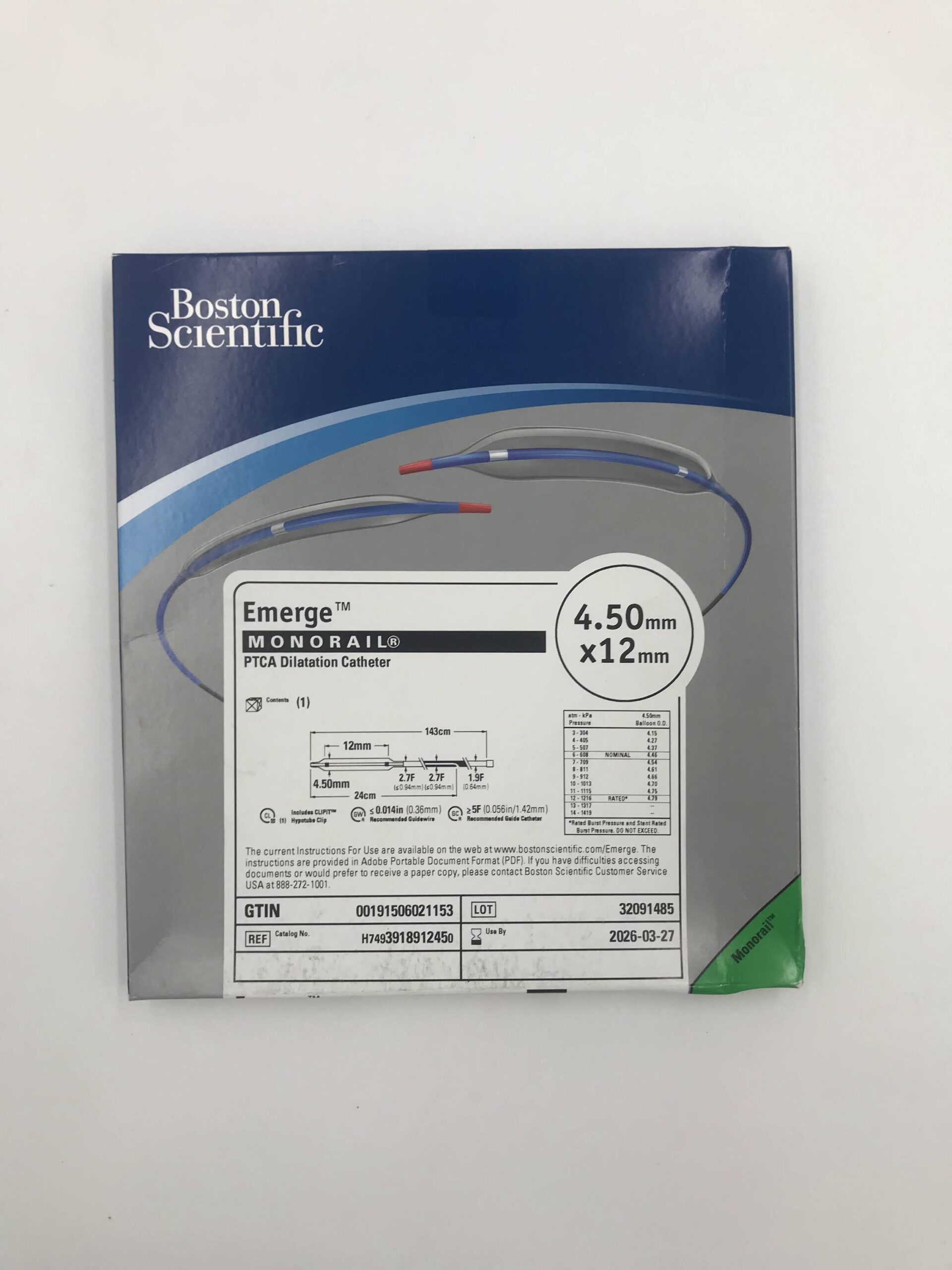 BOSTON SCIENTIFIC 391891245 EMERGE MONORAIL PTCA DILATATION CATHETER 4.50MM X 12MM (X)