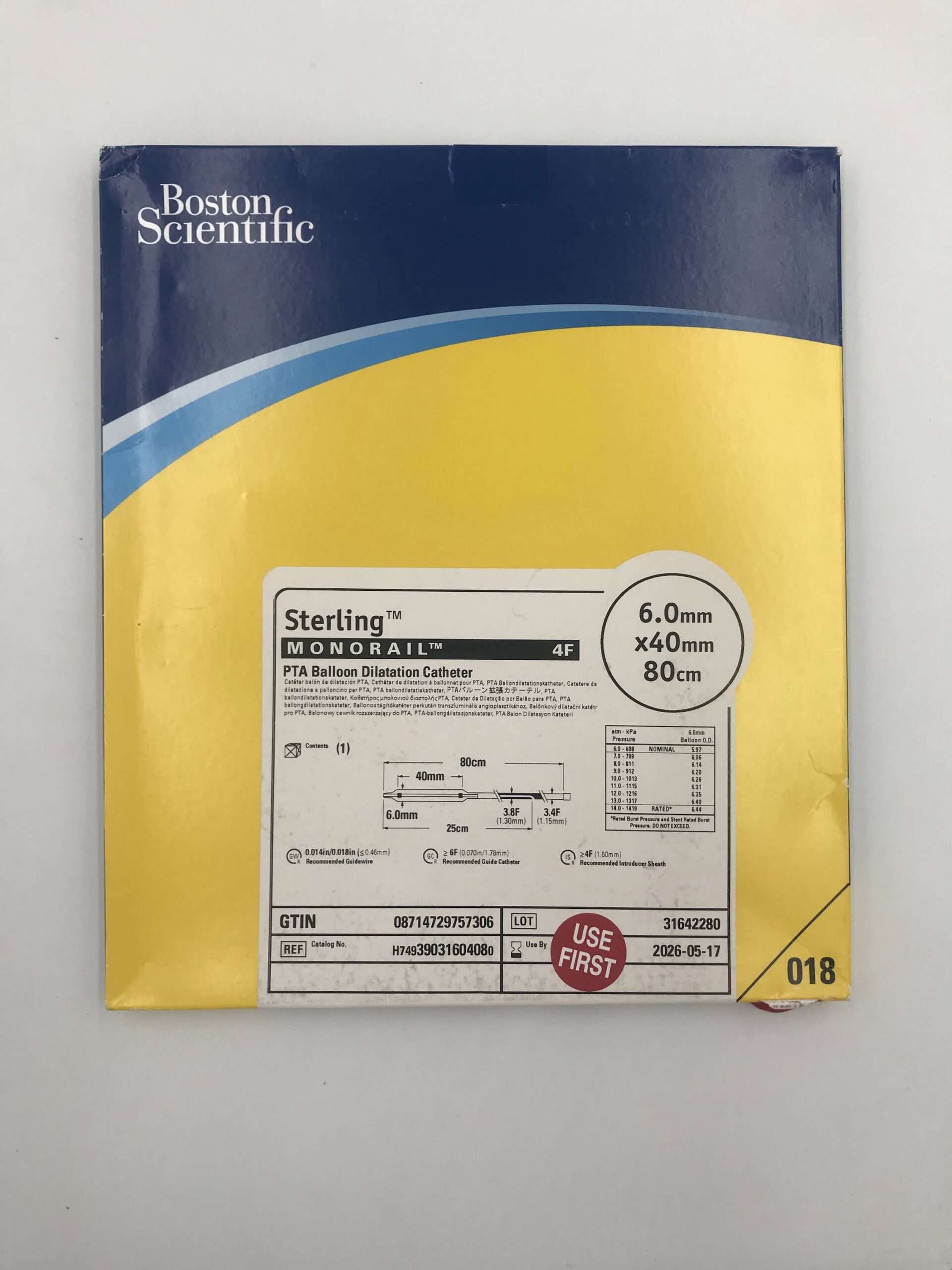 BOSTON SCIENTIFIC 3903160408 STERLING MONORAIL 4F PTA BALLOON DIILATATION CATHETER 6.0MM x 40MM x 80CM (X)