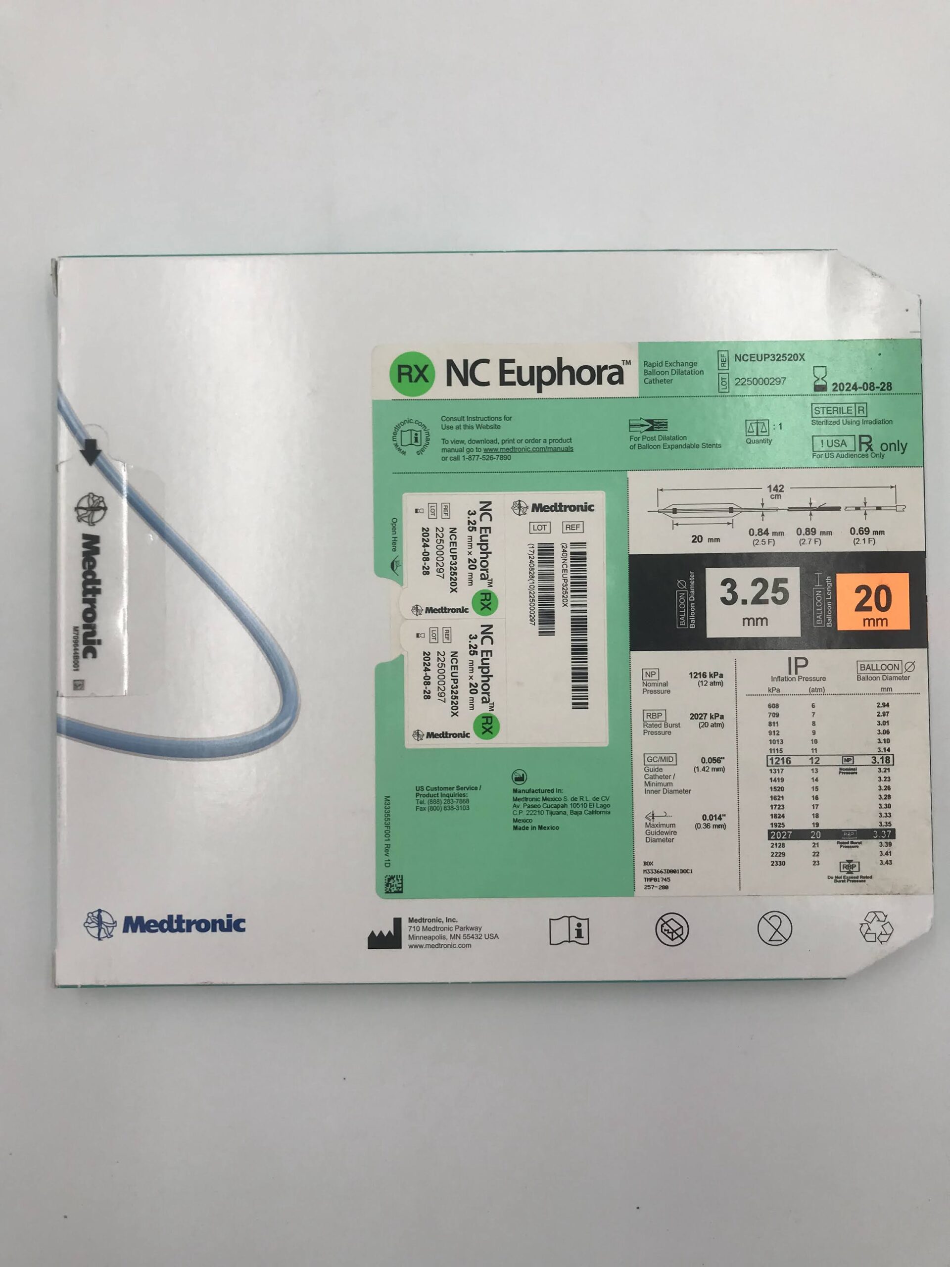 MEDTRONIC NCEUP32520X NC EUPHORA RAPID EXCHANGE BALLOON DILATION CATHETER BALLOON DIAMETER 3.25MM BALLOON LENGTH 20MM