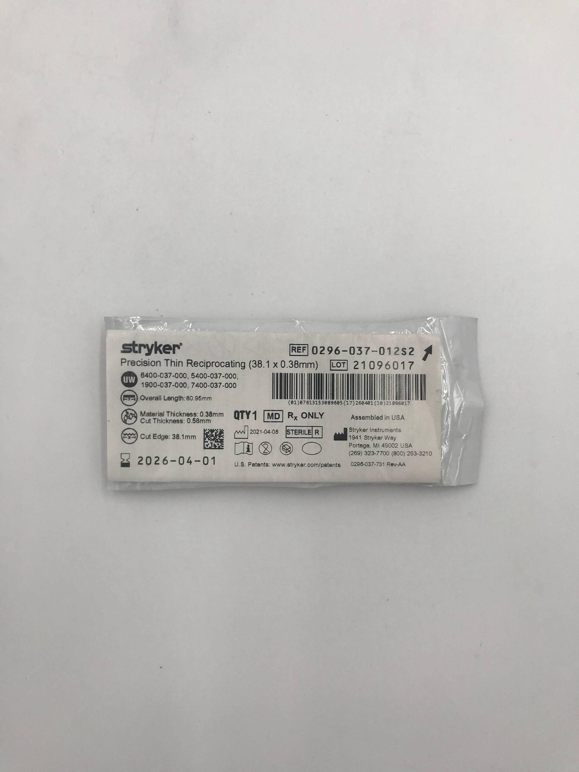 STRYKER INSTRUMENTS 0296-037-012S2 PRECISION THIN RECIPROCATING (38.1 X 0.38MM) (X)