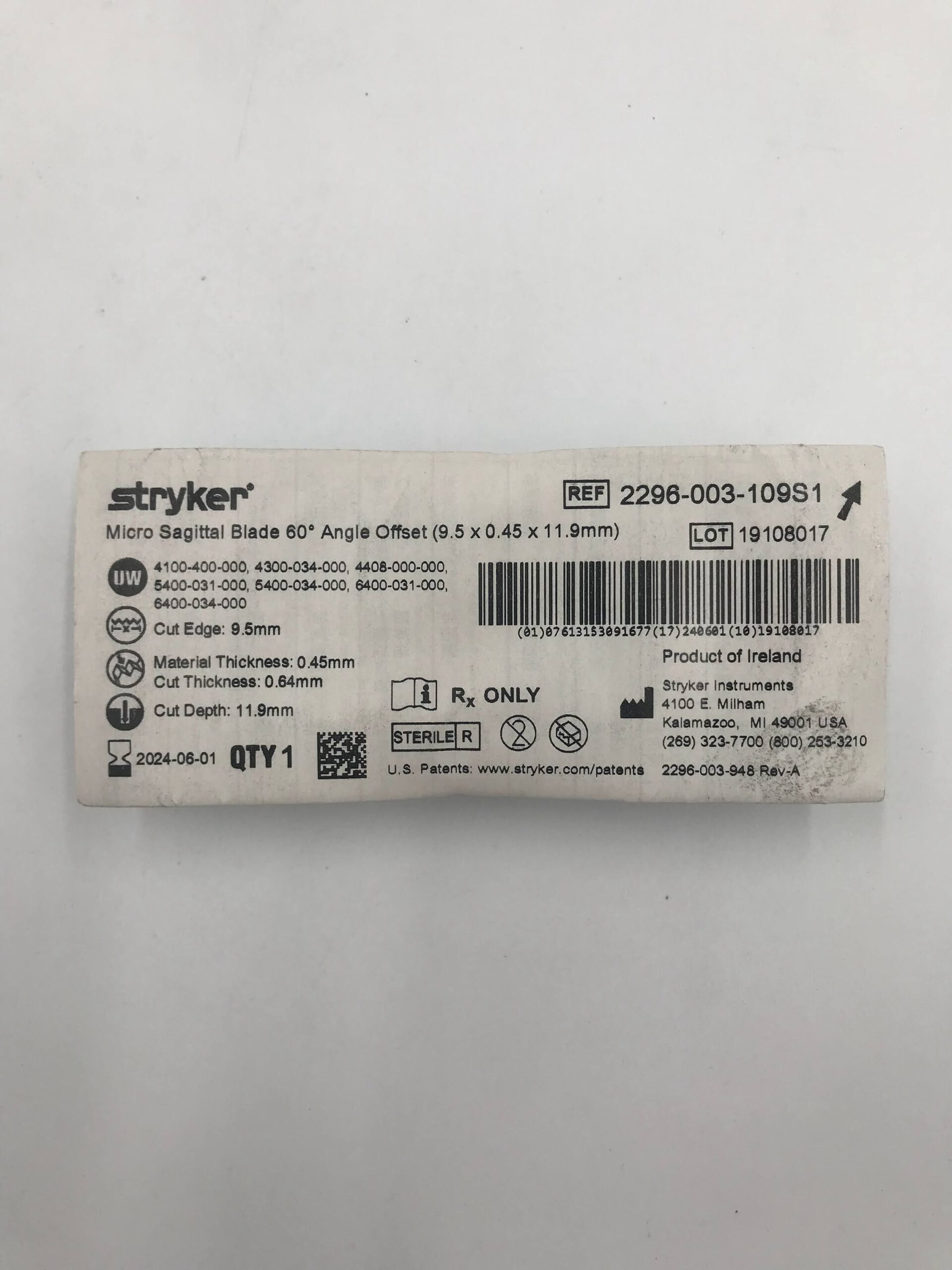 STRYKER INSTRUMENTS 2296-003-109S1 MICRO SAGITTAL BLADE 60 DEGREE ANGLE OFFSET (9.5 X 0.45 X 11.9MM) (X)