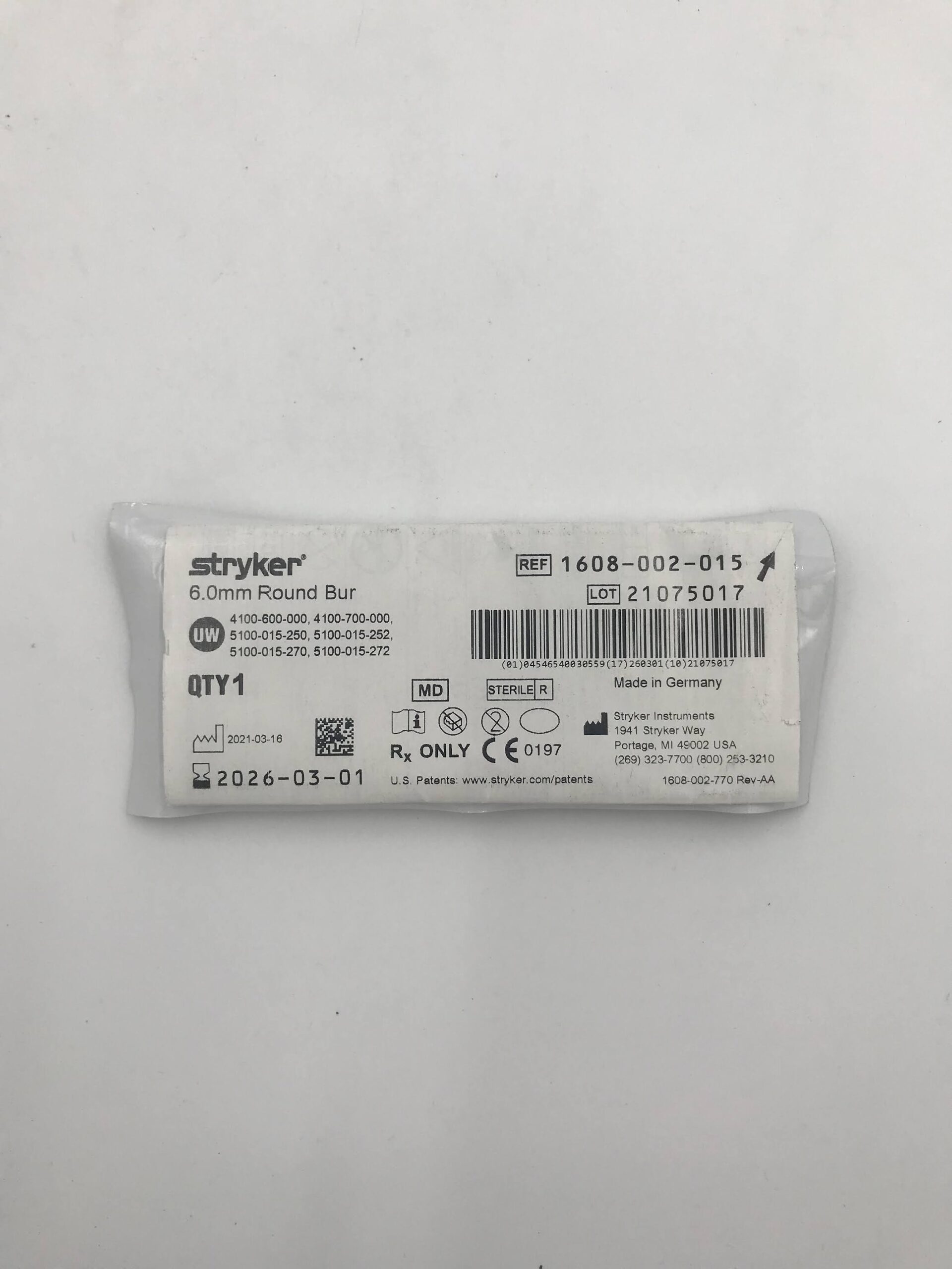 STRYKER INSTRUMENTS 1608-002-105 ROUND BUR (6.0MM) (X)