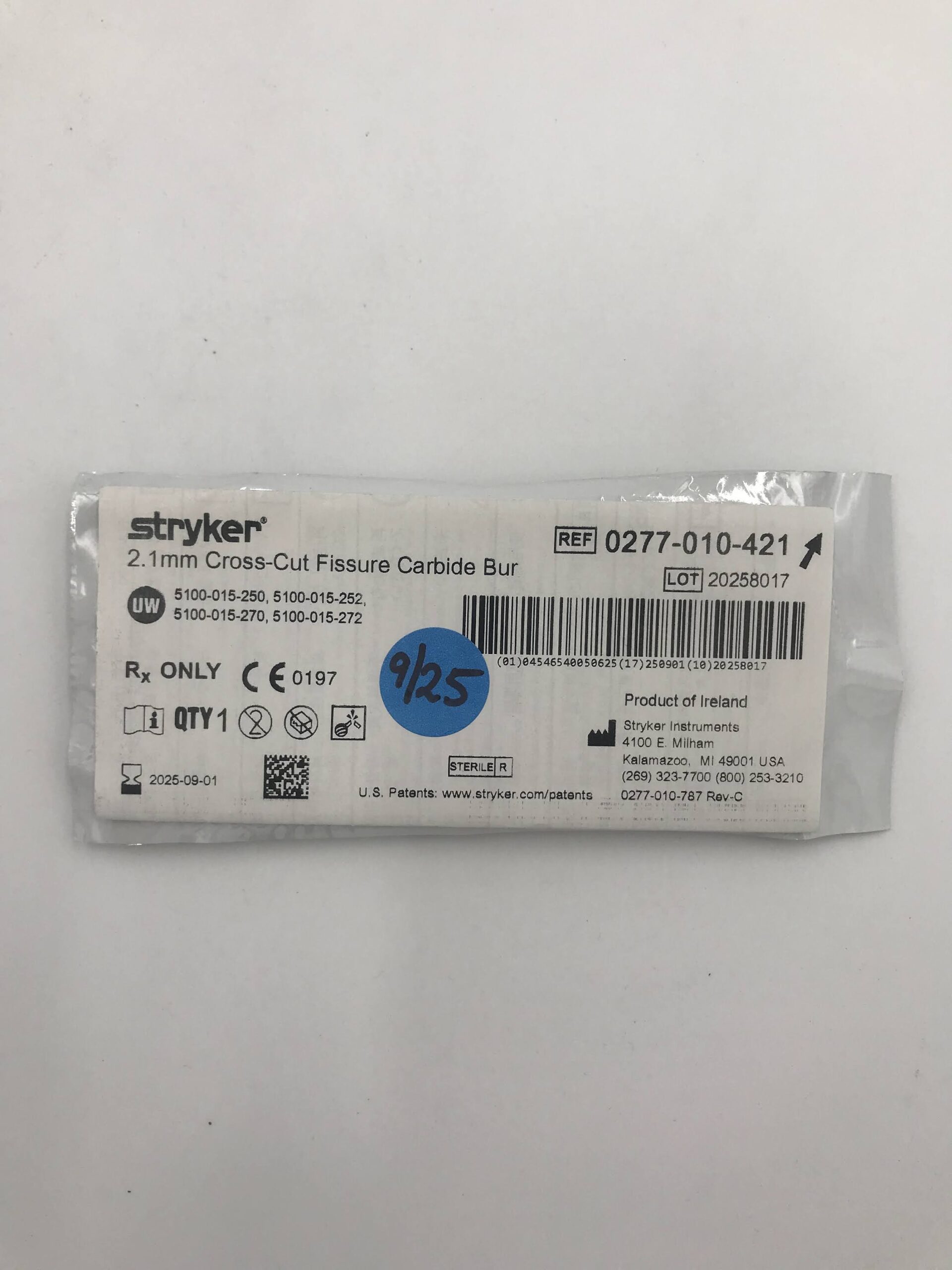 STRYKER INSTRUMENTS 0277-010-421 2.1MM CROSS-CUT FISSURE CARBIDE BUR (X)