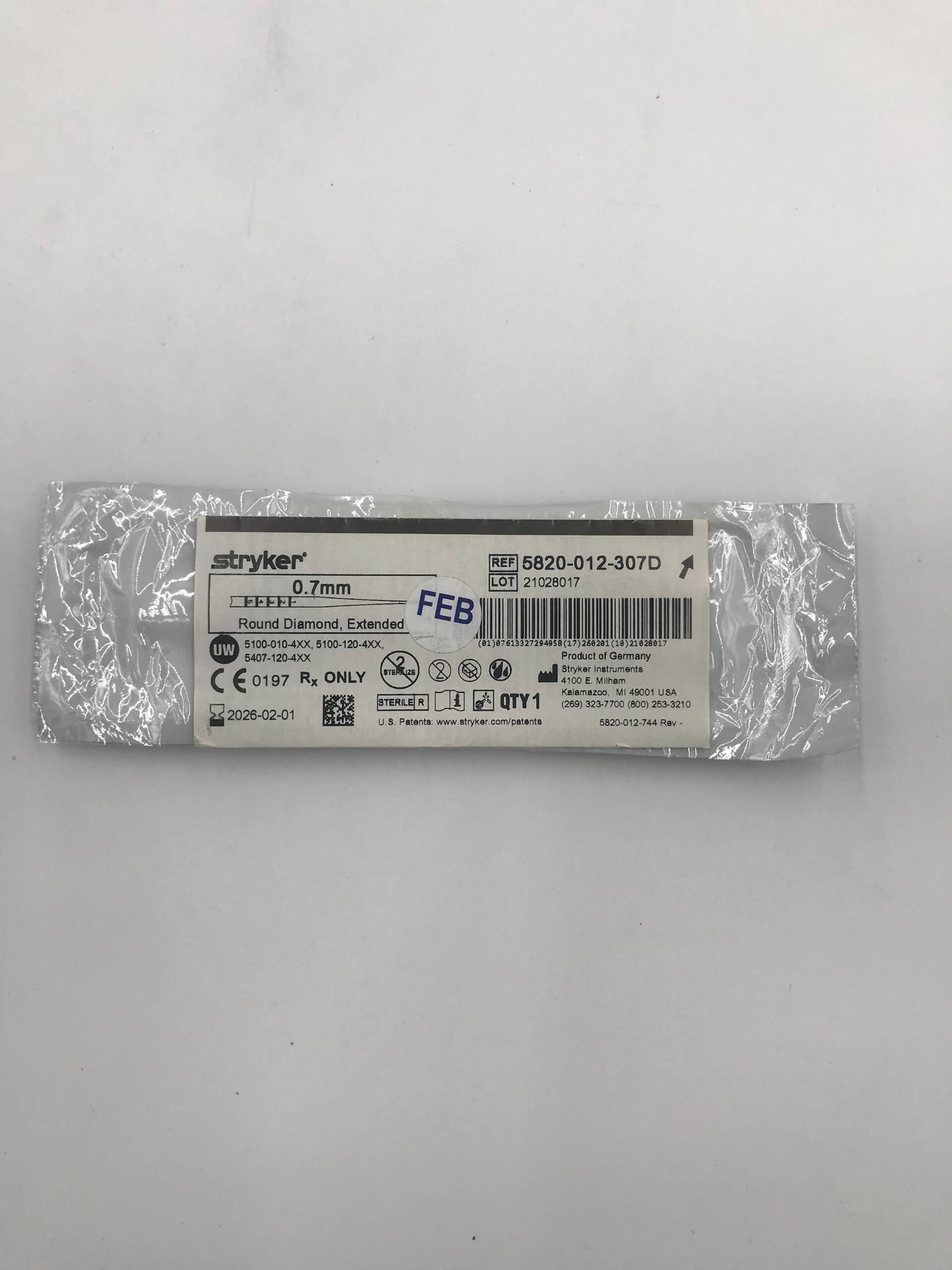STRYKER INSTRUMENTS 5820-012-307D 0.5MM 0.7MM ROUND DIAMOND EXTENDED (X)