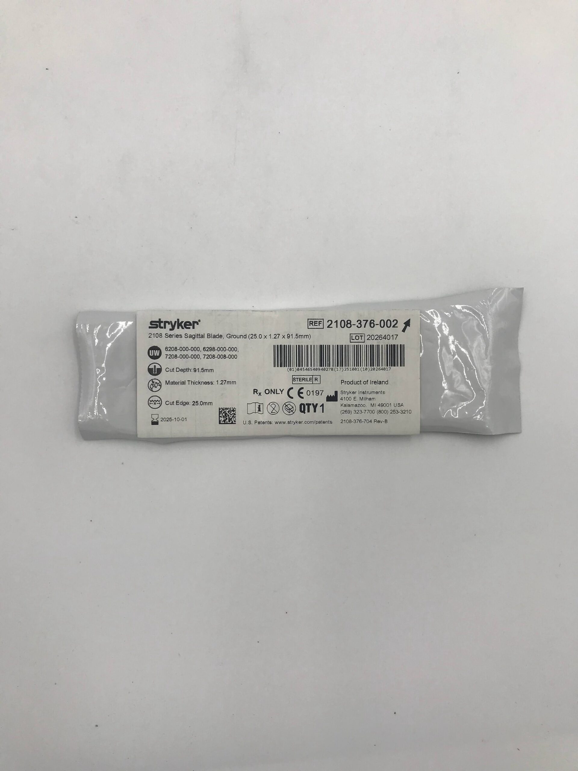 STRYKER INSTRUMENTS 2108-376-002 2108 SERIES SAGITTAL BLADE GROUND (25.0 X 1.27 X 91.5MM) (X)