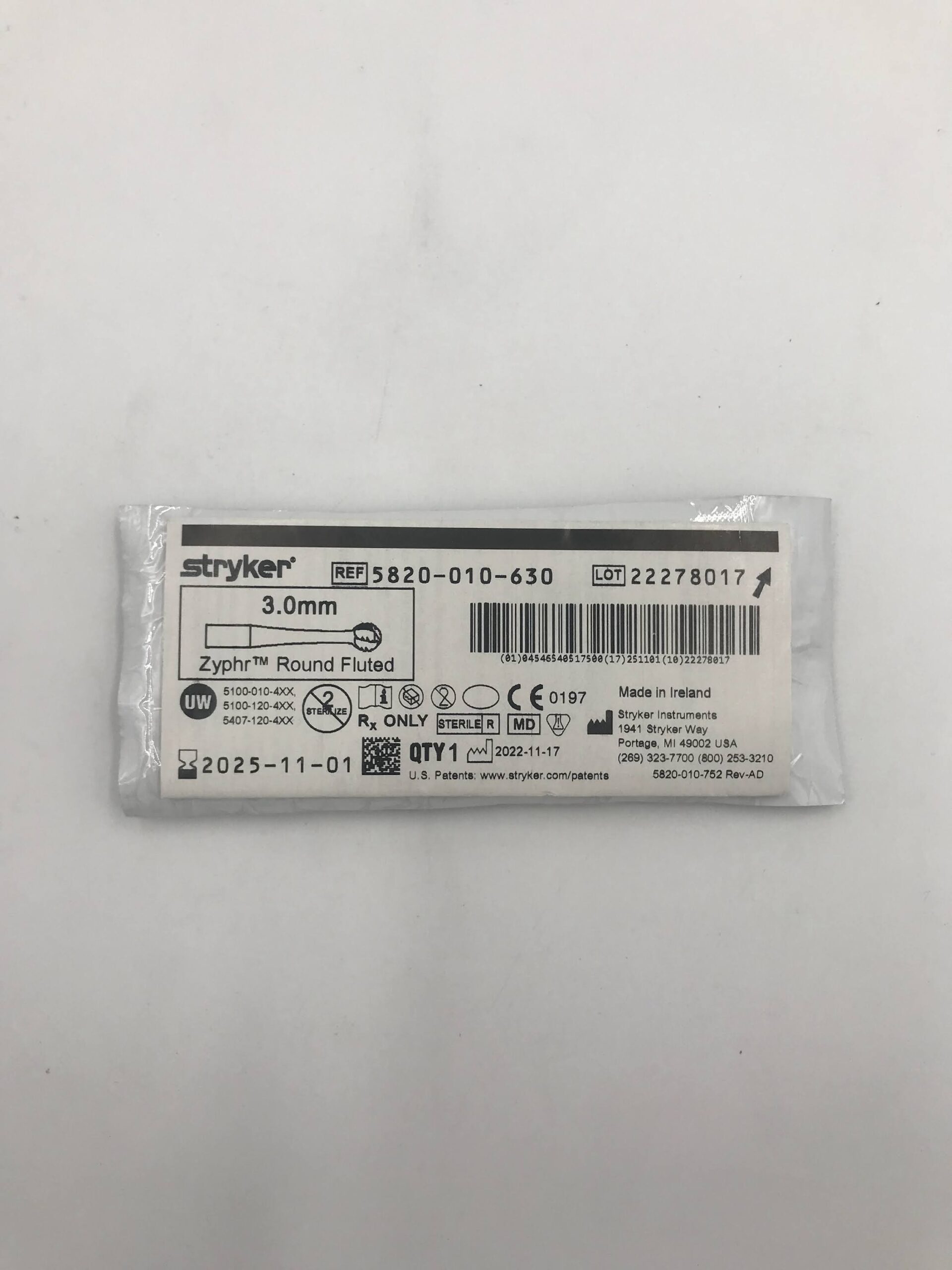 STRYKER INSTRUMENTS 5820-010-630 3.0MM ZYPHYR ROUND FLUTED (X)