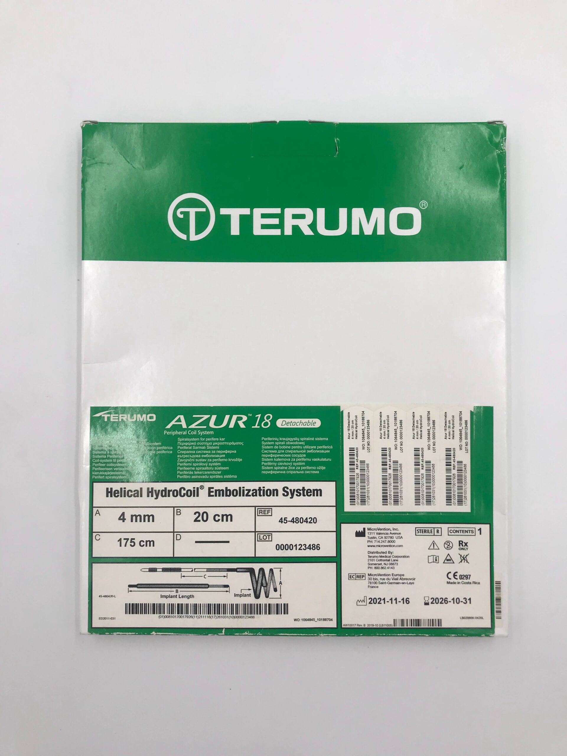 MICROVENTION/ TERUMO 45-480420 AZUR PERIPHERAL COIL SYSTEM HELICAL HYDROCOIL A 4MM / B 20CM / C 175CM DETACHABLE 18 (X)