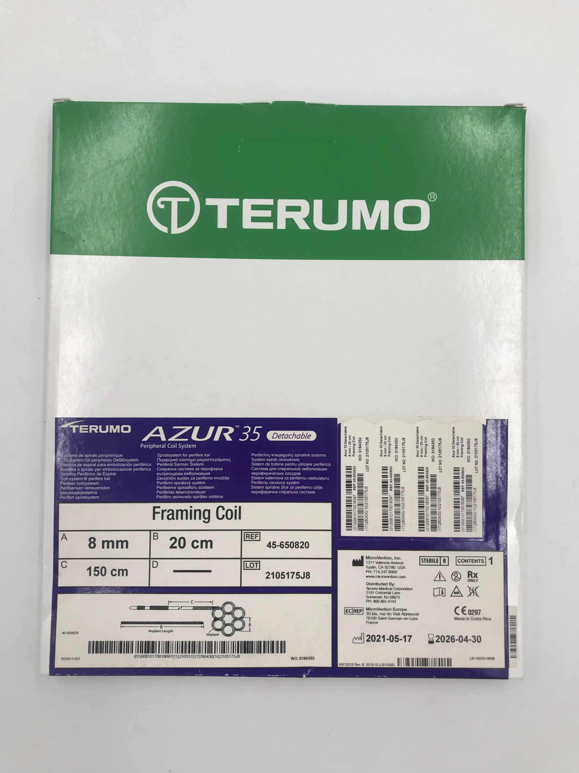 MICROVENTION/ TERUMO 45-650820 AZUR PERIPHERAL COIL SYSTEM FRAMING COIL 8MM X 20CM X 150CM DETACHABLE 18 (X)