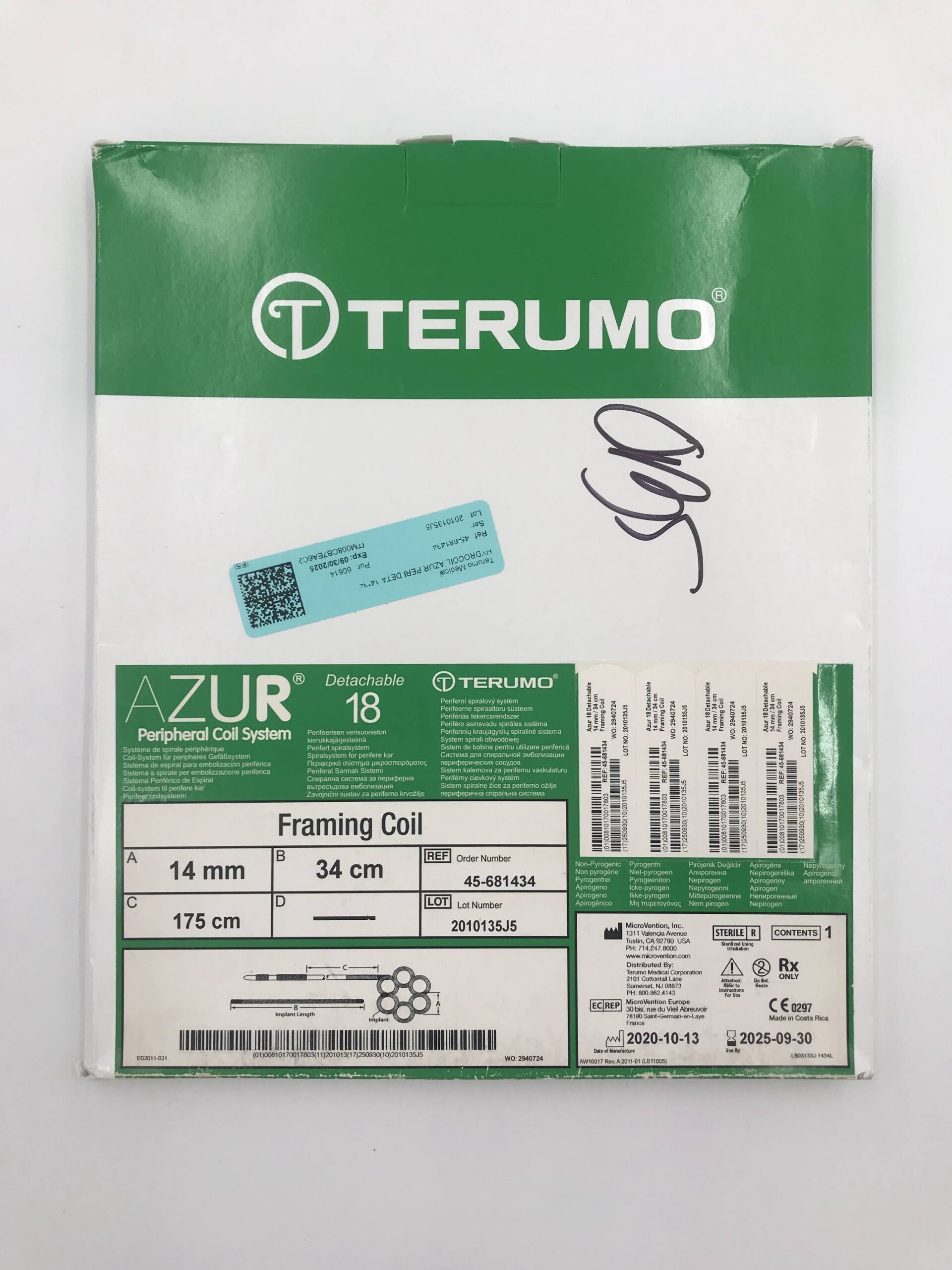 MICROVENTION/ TERUMO 45-681434 AZUR PERIPHERAL COIL SYSTEM FRAMING COIL 14MM X 34CM X 175CM DETACHABLE 18 (X)