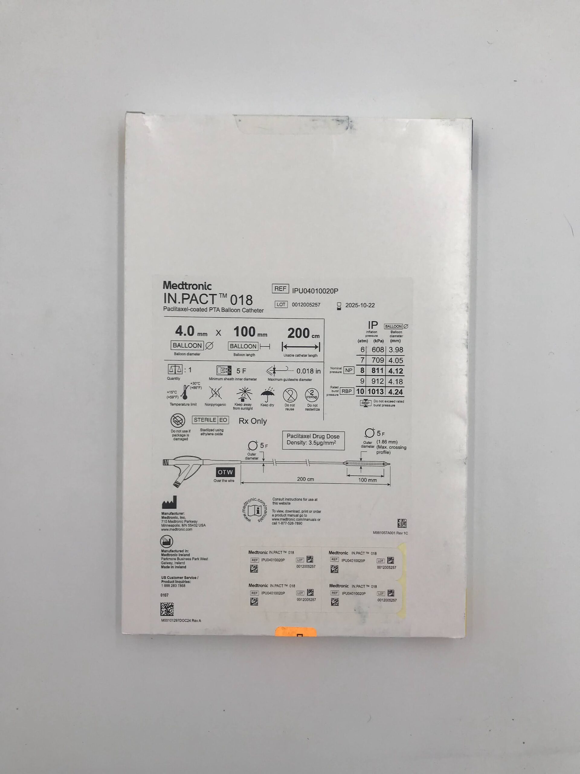 MEDTRONIC IPU04010020P IN.PACT 018 PACLITAXEL-COATED PTA BALLOON CATHETER DIAM. 4.0MM X LENGTH 100MM X USABLE CATHETER LENGTH 200CM (X)