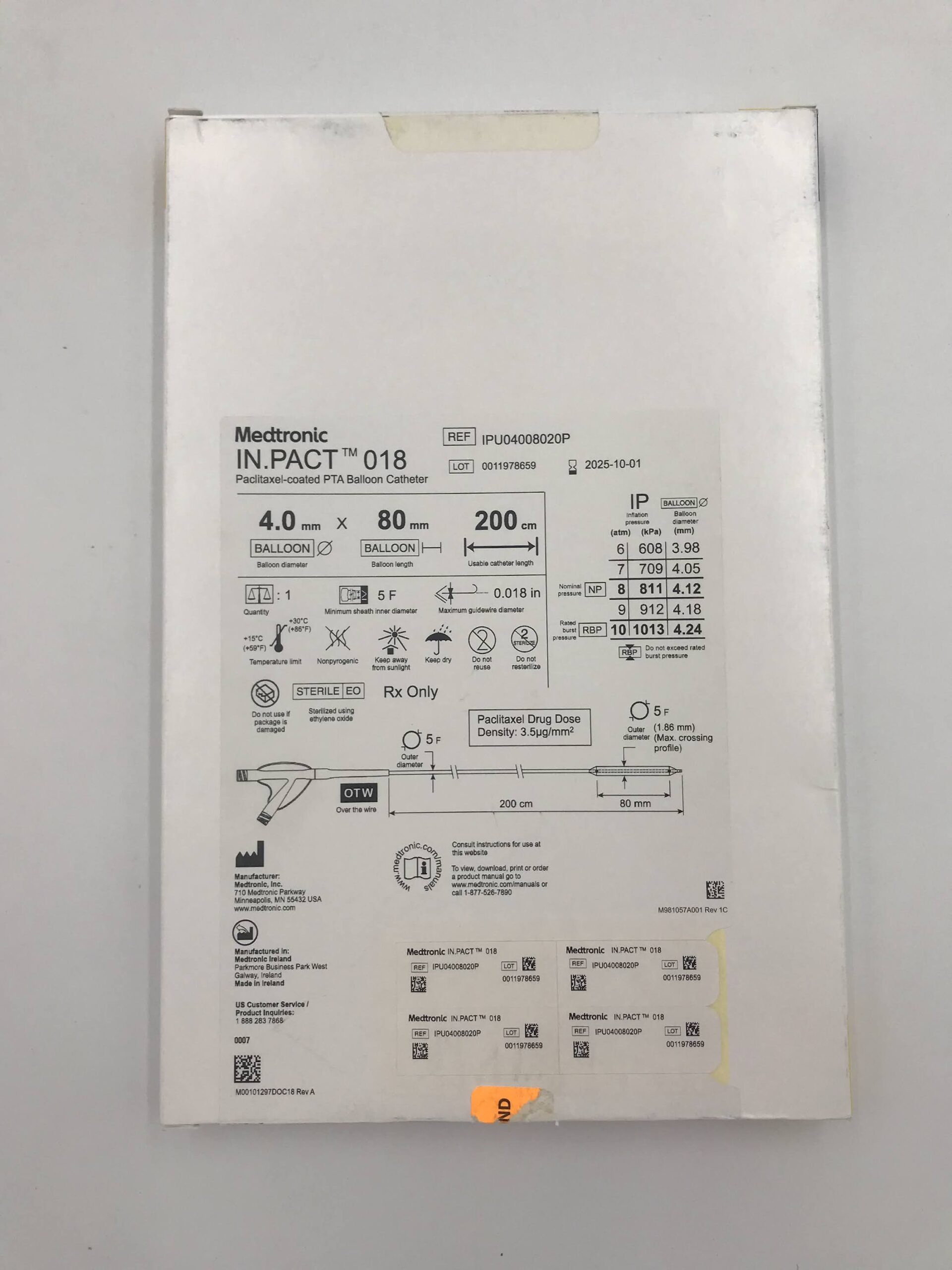 MEDTRONIC IPU04008020P IN.PACT 018 PACLITAXEL-COATED PTA BALLOON CATHETER DIAM. 4.0MM X LENGTH 60MM X USABLE CATHETER LENGTH 200CM (X)