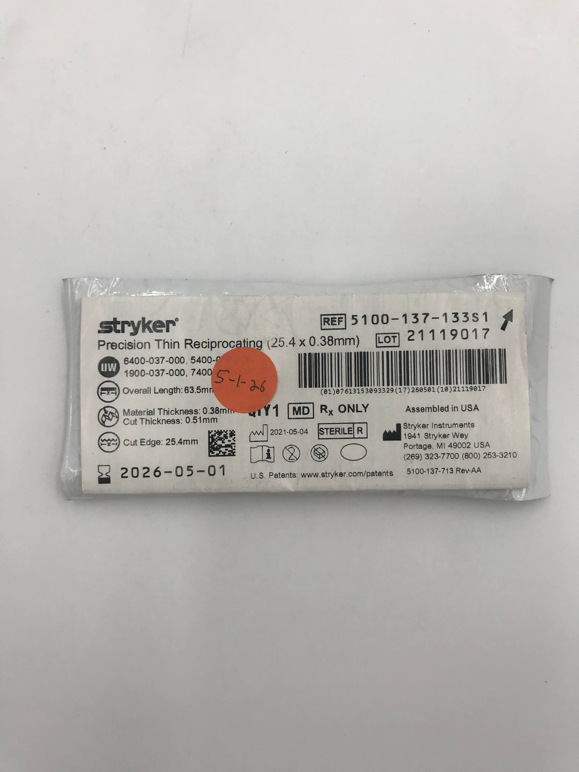 STRYKER INSTRUMENTS 5100-137-133S1 TAPERED RECIPROCATING BLADE, SHORT (22.5 X 0.38MM) (X)