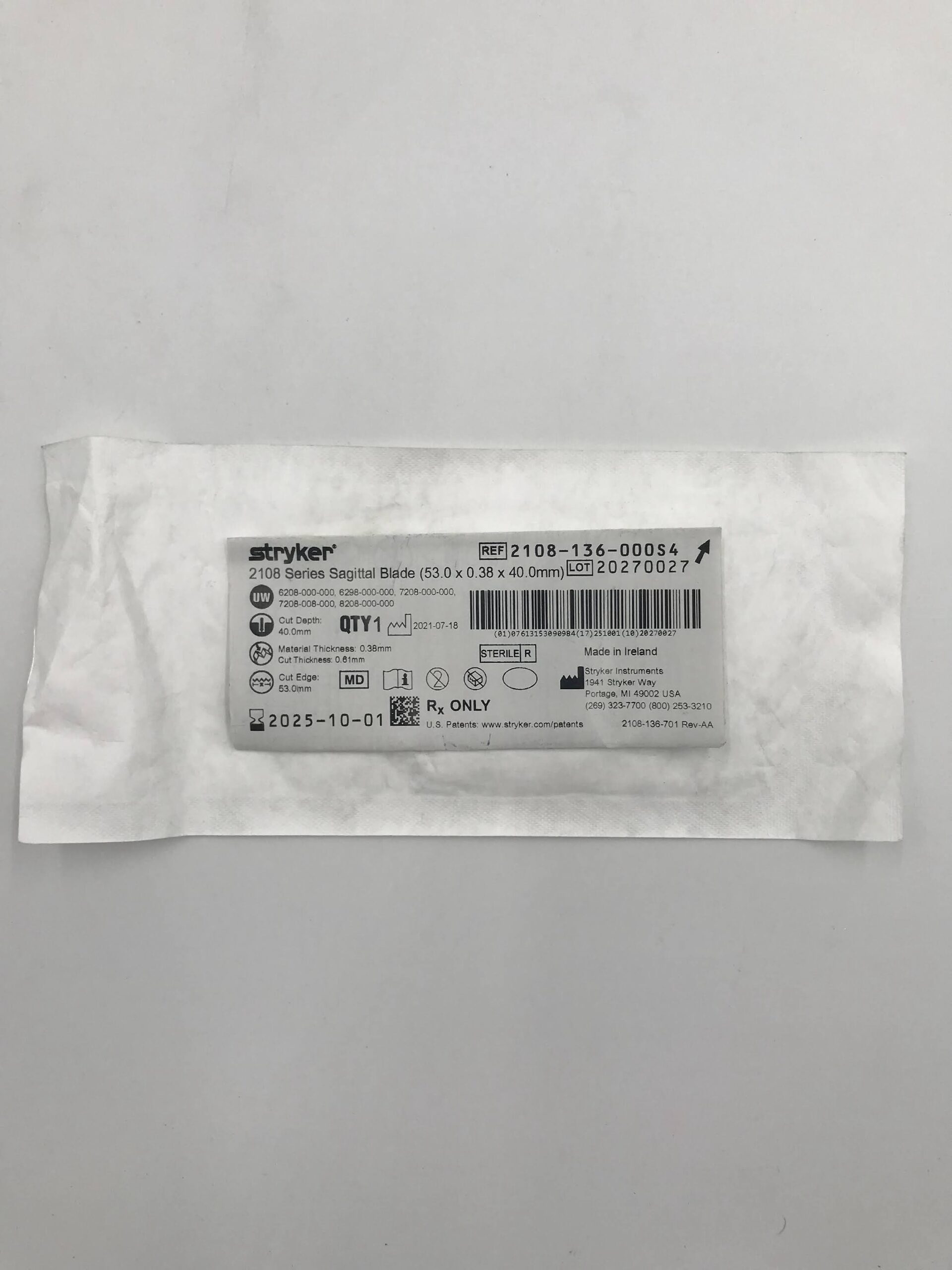 STRYKER INSTRUMENTS 2108-136-000S4 2108 SERIES SAGITTAL BLADE STERNUM REVISION (53.0 X 0.38 X 40.0MM) (X)