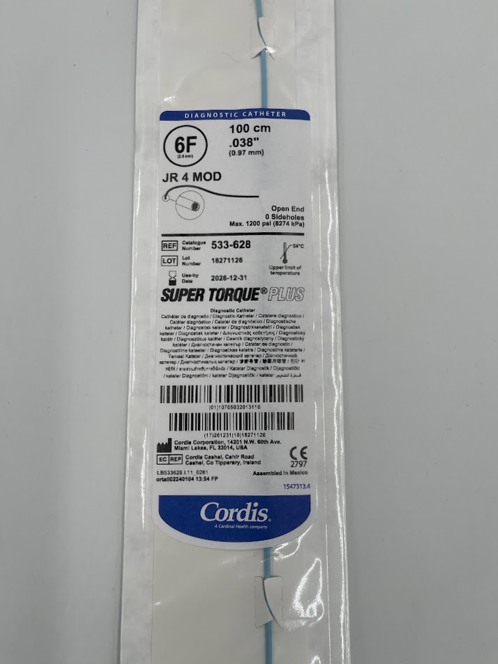 CORDIS 533-628 Super Torque Plus Diagnostic Catheter - JR 4 MOD, 6F 100cm, 0.038" (ID)
