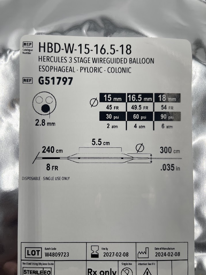 COOK G51797 Hercules 3 Stage Wireguided Balloon Esophageal - Pyloric - Colonic, 2.8mm 8Fr / 240cm / 5.5cm | 15mm (45Fr), 16.5mm (49.5Fr), 18mm (54Fr) (ID) - Image 2