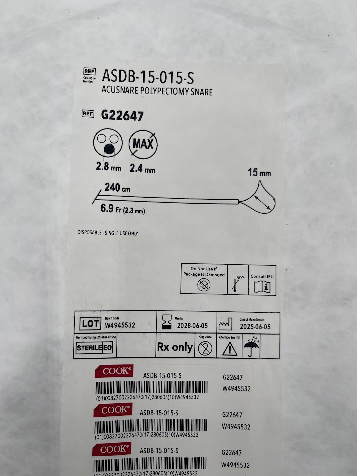 COOK G22647 AcuSnare Polypectomy Snare, 2.8mm 2.4mm, 240cm / 6.9Fr, 15mm (ID) - Image 2