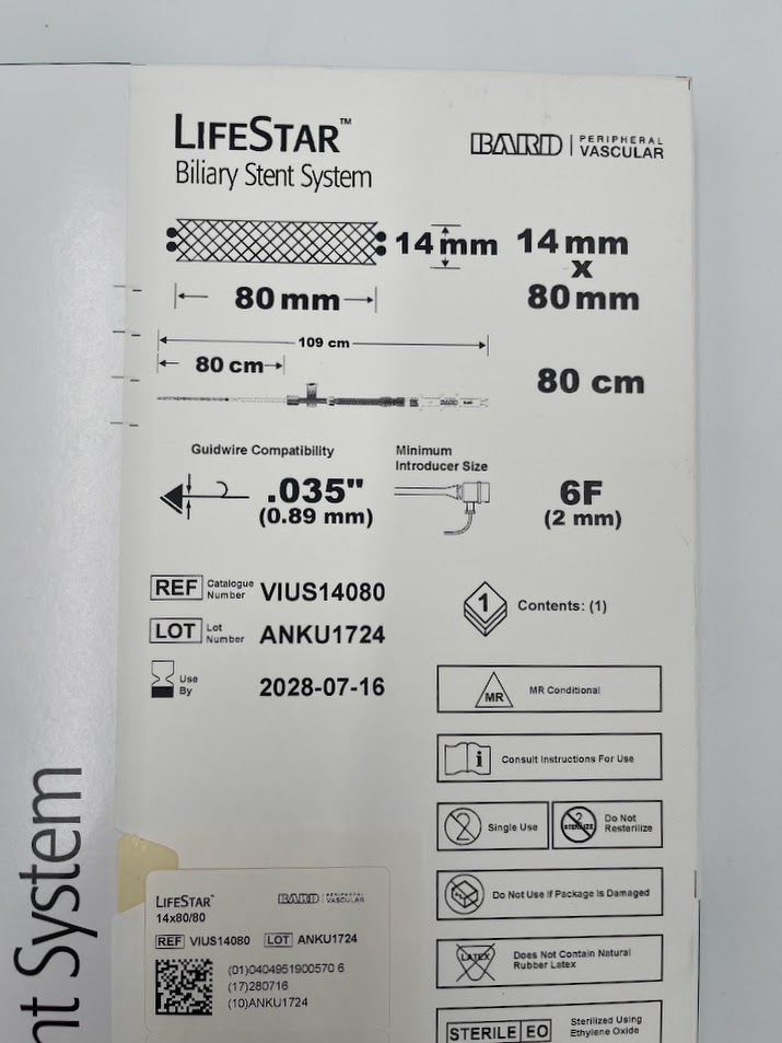 BARD VIUS14080 LifeStar Biliary Stent System, 14mm x 80mm / 80cm, 6F (ID) - Image 2