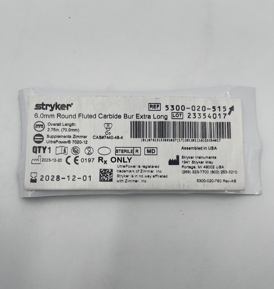 STRYKER 5300-020-515 Round Fluted Carbide Bur, Extra Long, 6.0mm (ID)